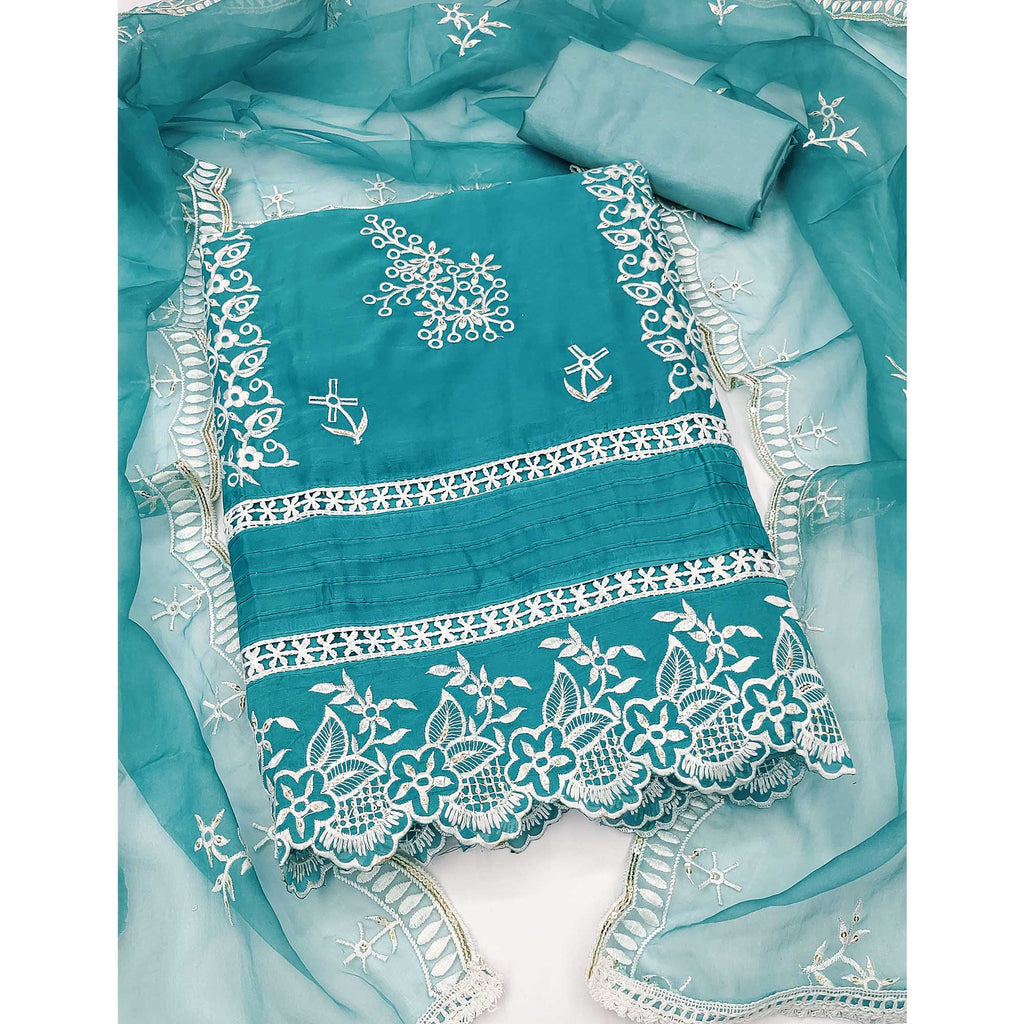 Blue Floral Sequins Embroidered Organza Dress Material