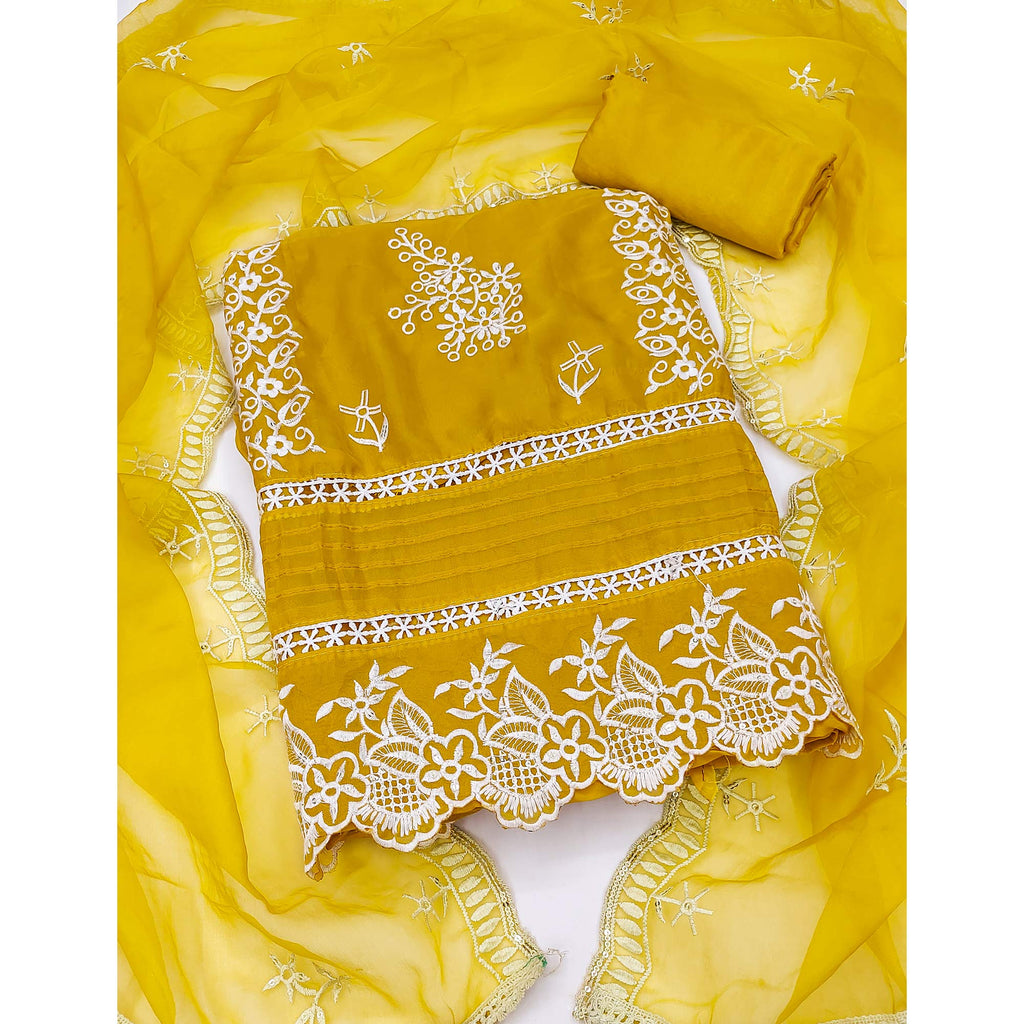 Mustard Floral Sequins Embroidered Organza Dress Material