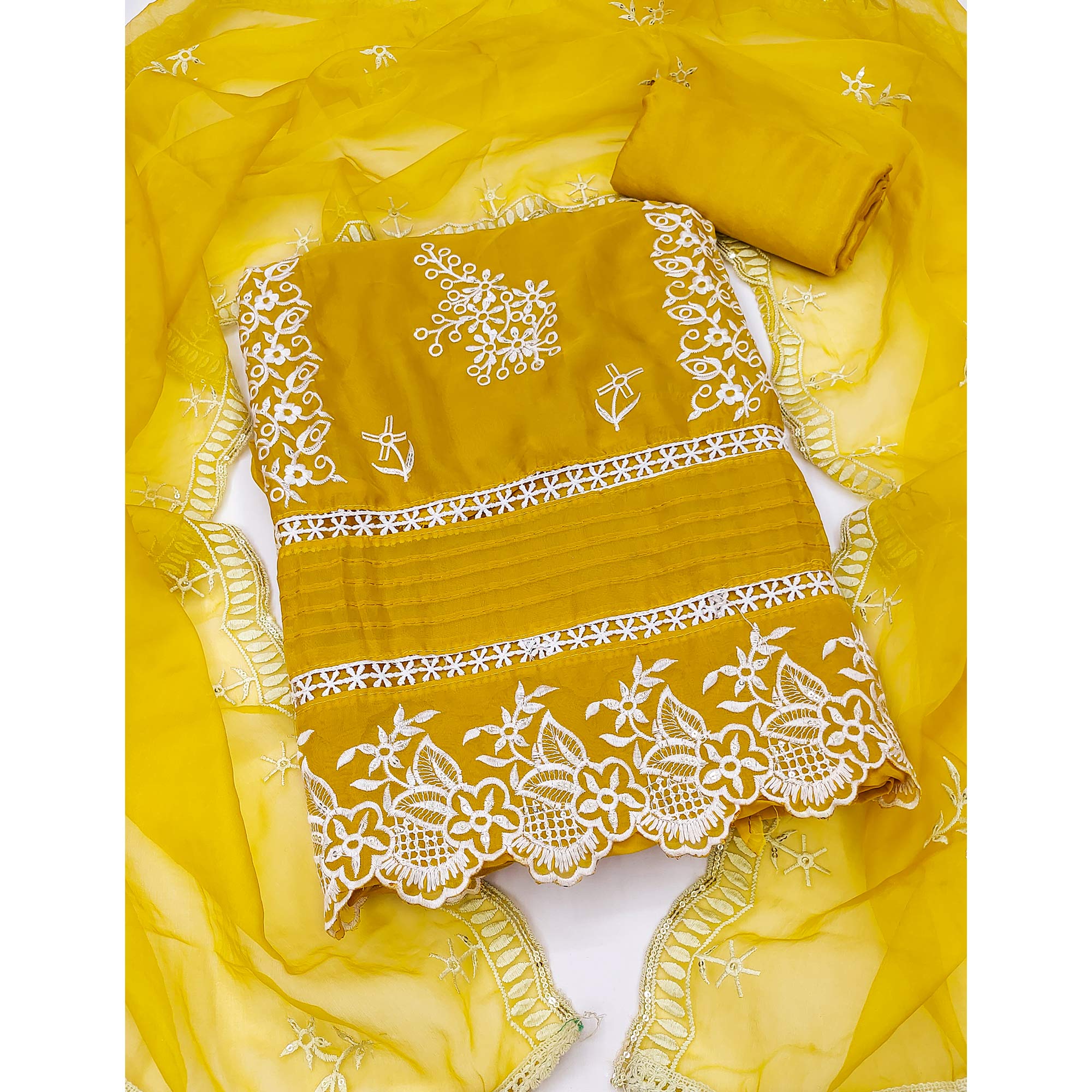 Mustard Floral Sequins Embroidered Organza Dress Material