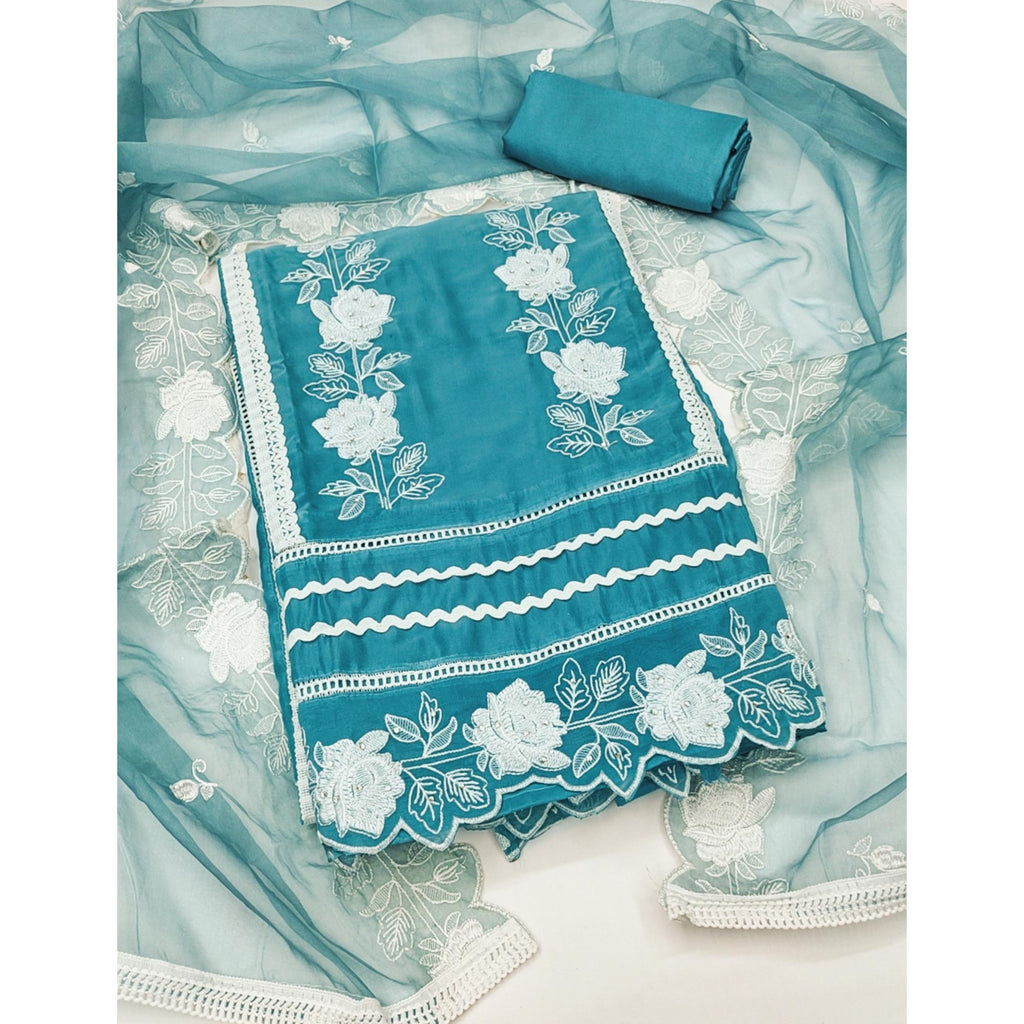 Blue Floral Embroidery With Stonework Organza Dress Material