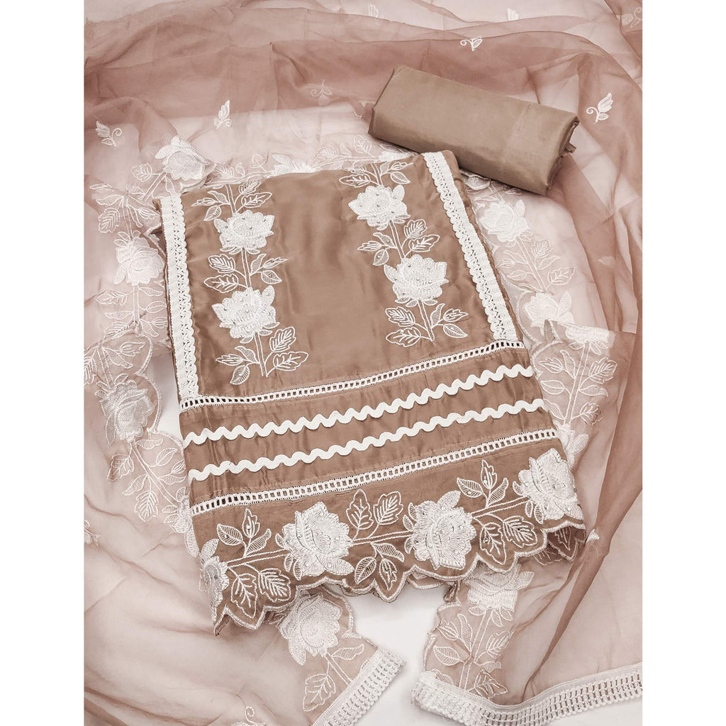 Light Brown Floral Embroidery With Stonework Organza Dress Material
