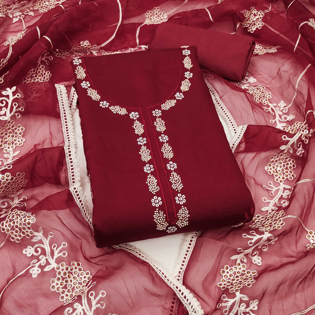 Maroon Floral Sequins Embroidery With Handwork Cotton Silk Dress Material