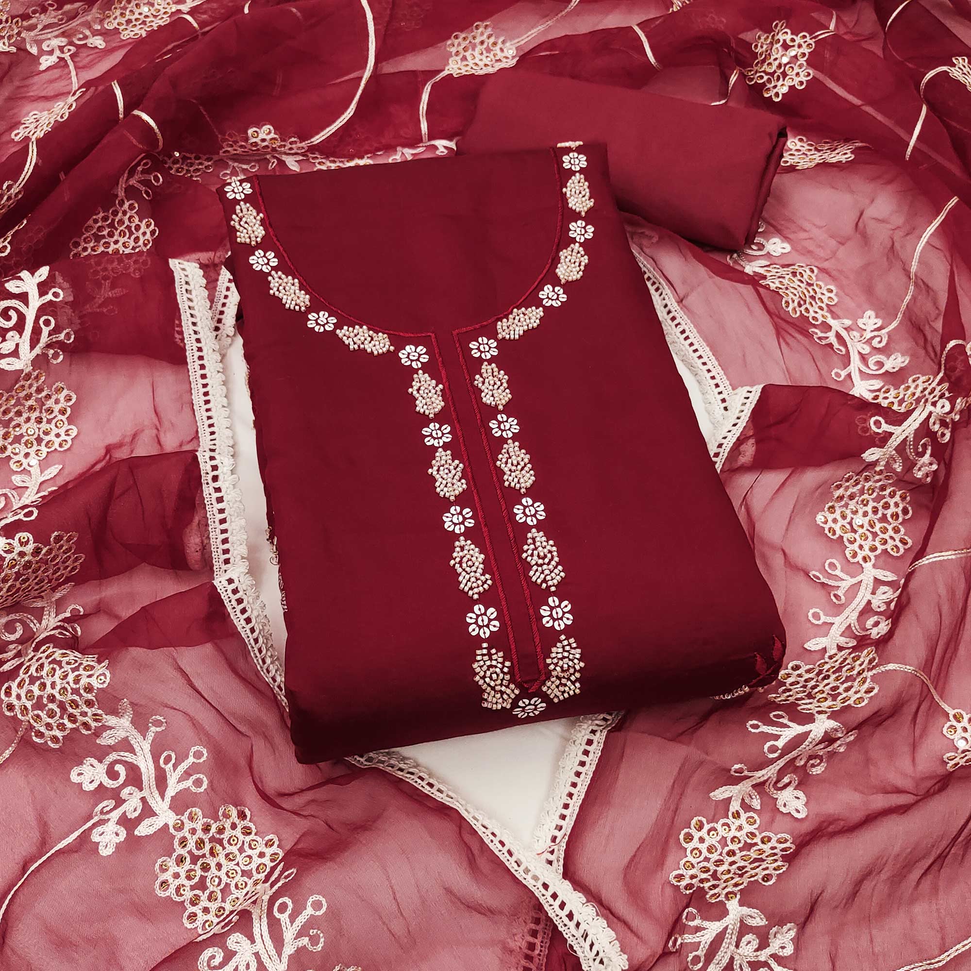 Maroon Floral Sequins Embroidery With Handwork Cotton Silk Dress Material