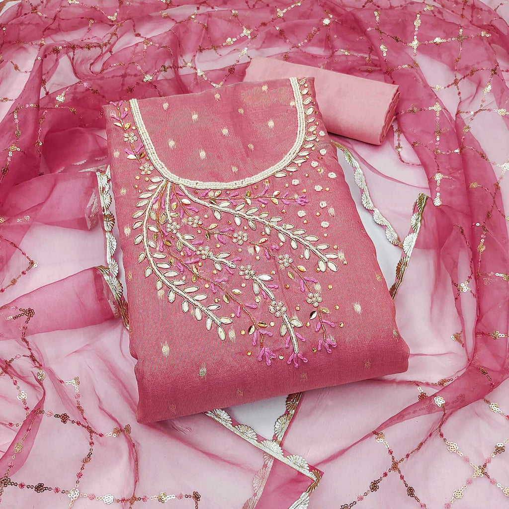 Gajari Pink Woven With Handwork Shimmer Banarasi Silk Material Material