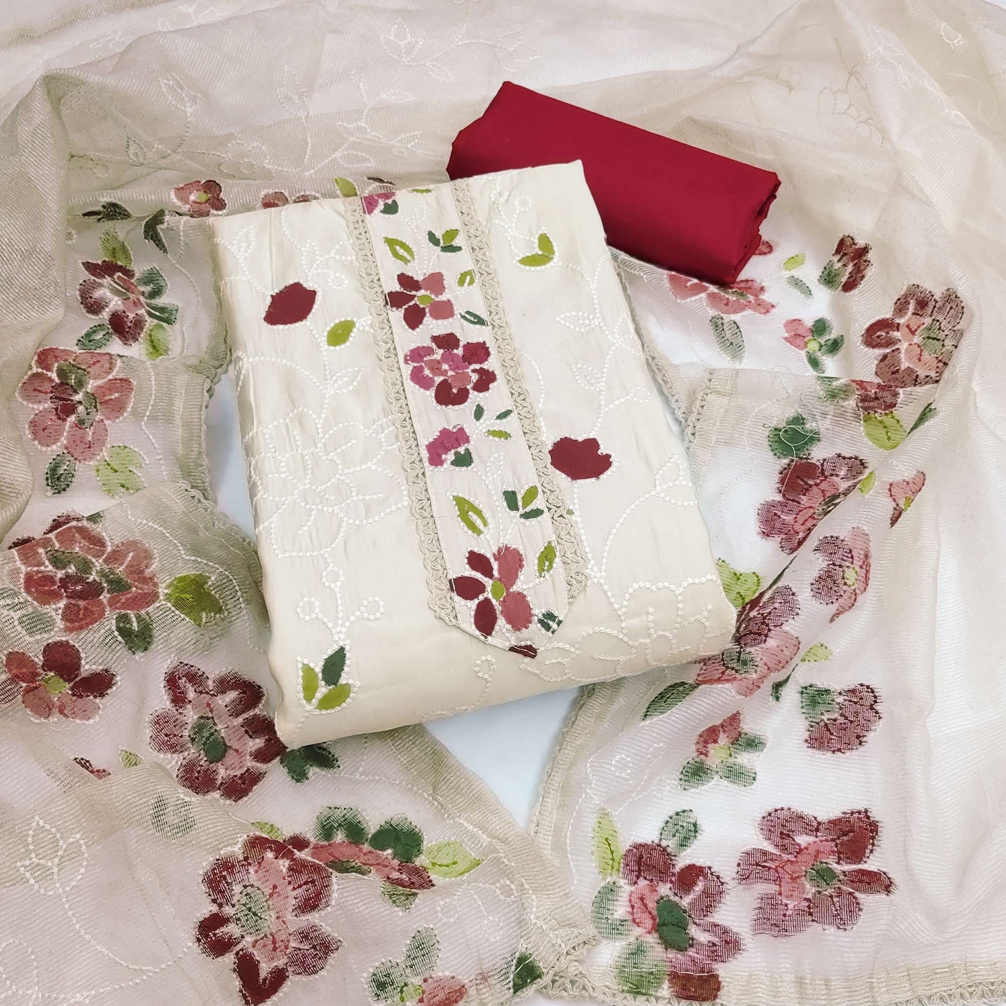 Offwhite & Maroon Floral Embroidery With Printed Roman Cotton Silk Material Material