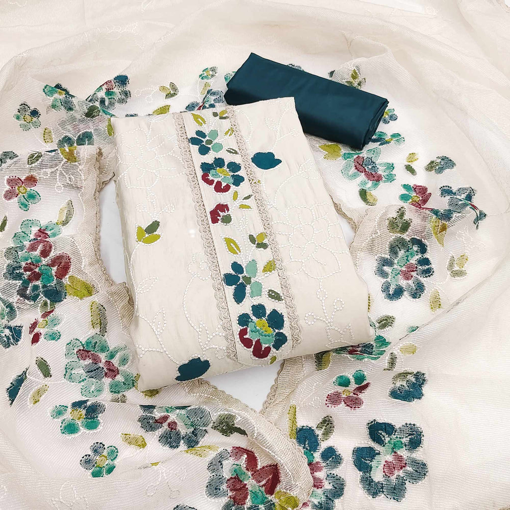 Offwhite & Morpich Floral Embroidery With Printed Roman Cotton Silk Material Material