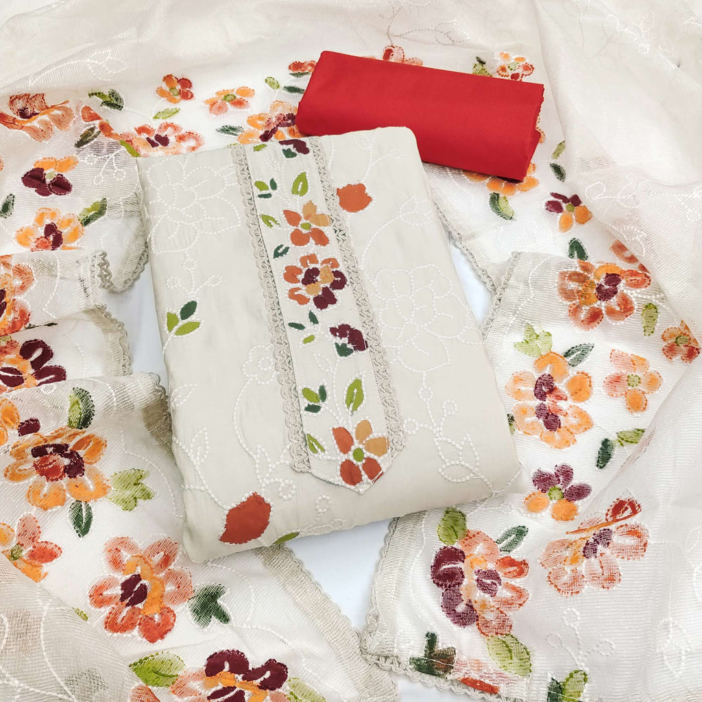 Offwhite & Orange Floral Embroidery With Printed Roman Cotton Silk Material Material