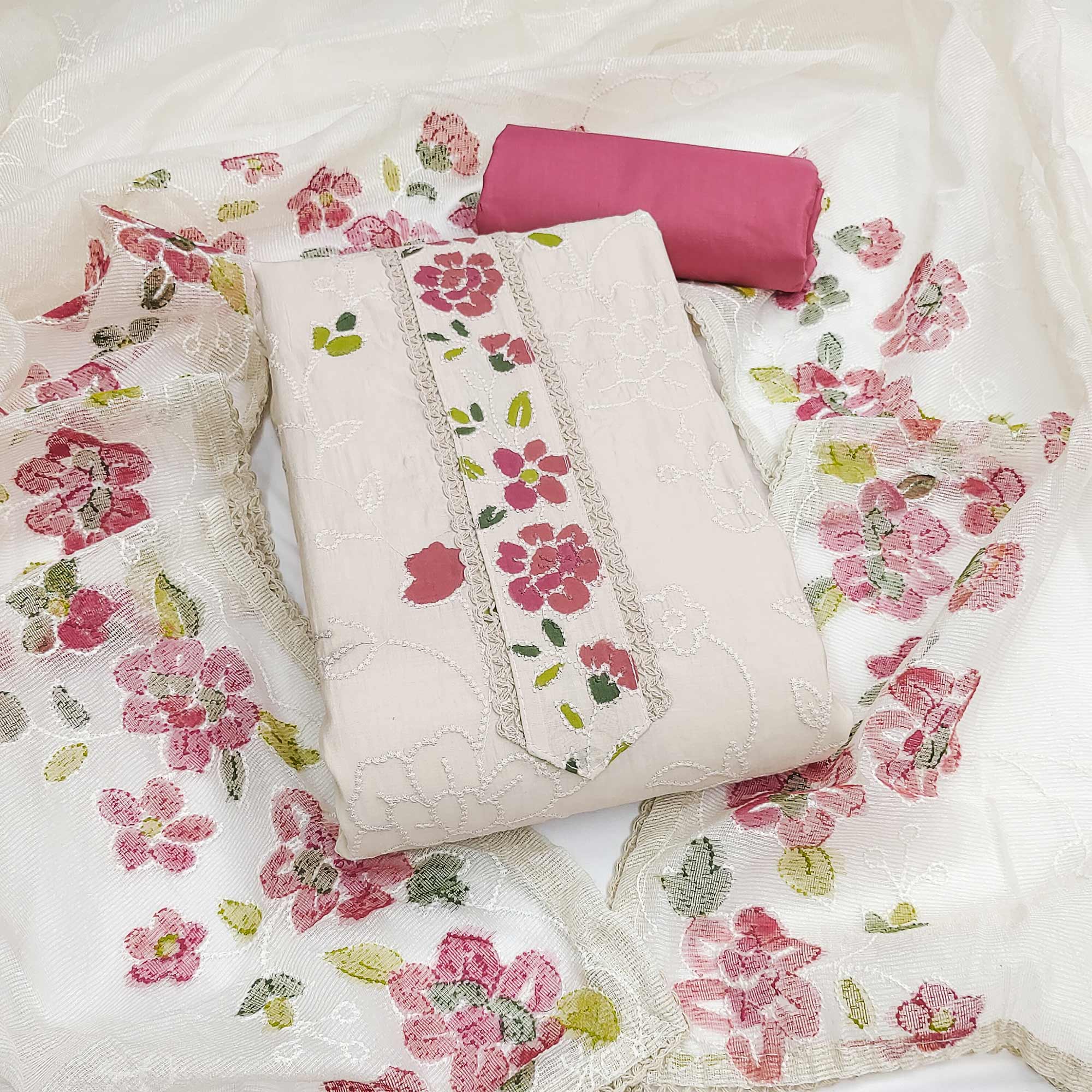 Offwhite & Pink Floral Embroidery With Printed Roman Cotton Silk Material Material