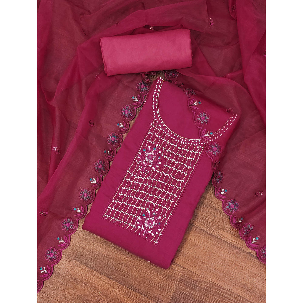 Magenta Floral Embroidery With Stonework Cotton Silk Dress Material
