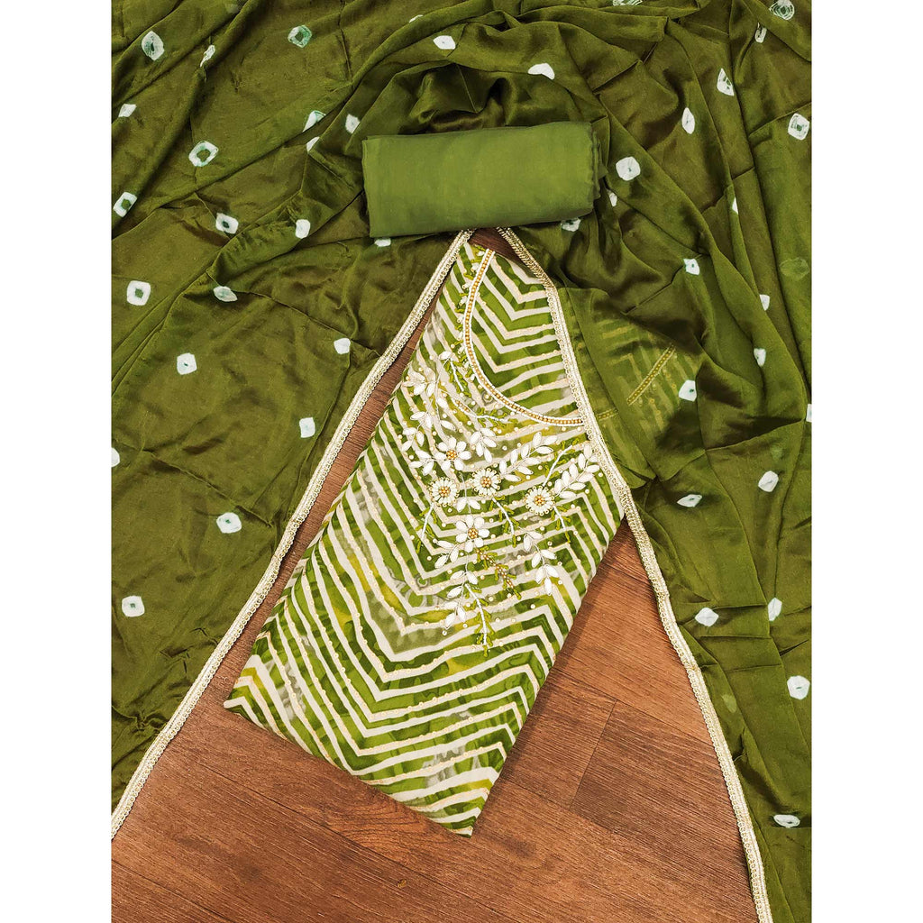 Green Zig Zag Printed With Floral Handwork Roman Cotton Silk Dress Material