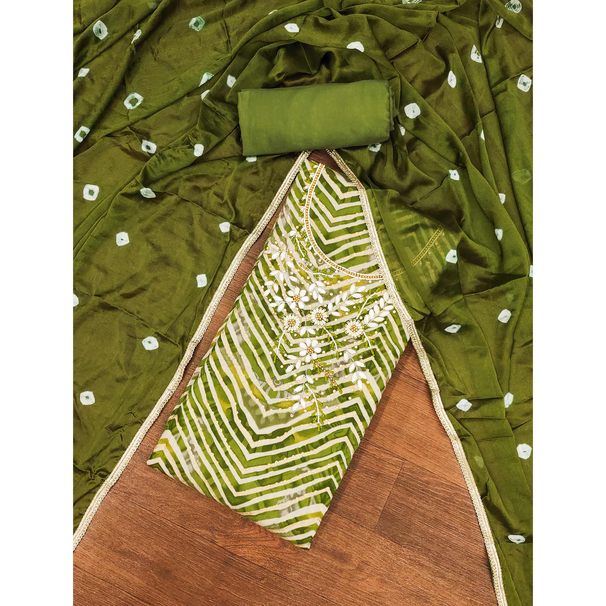 Green Zig Zag Printed With Floral Handwork Roman Cotton Silk Dress Material