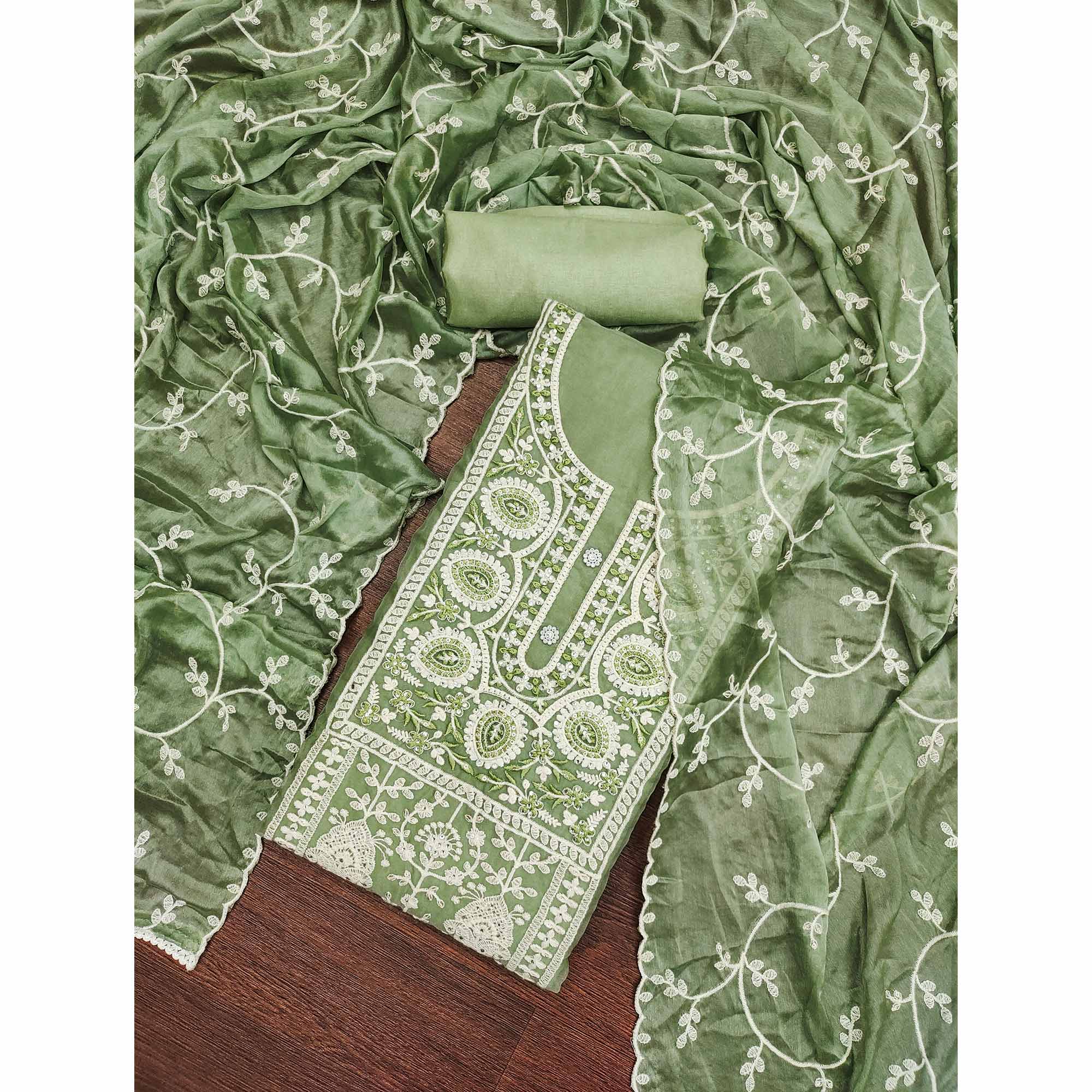 Green Floral Sequins Embroidered Organza Dress Material