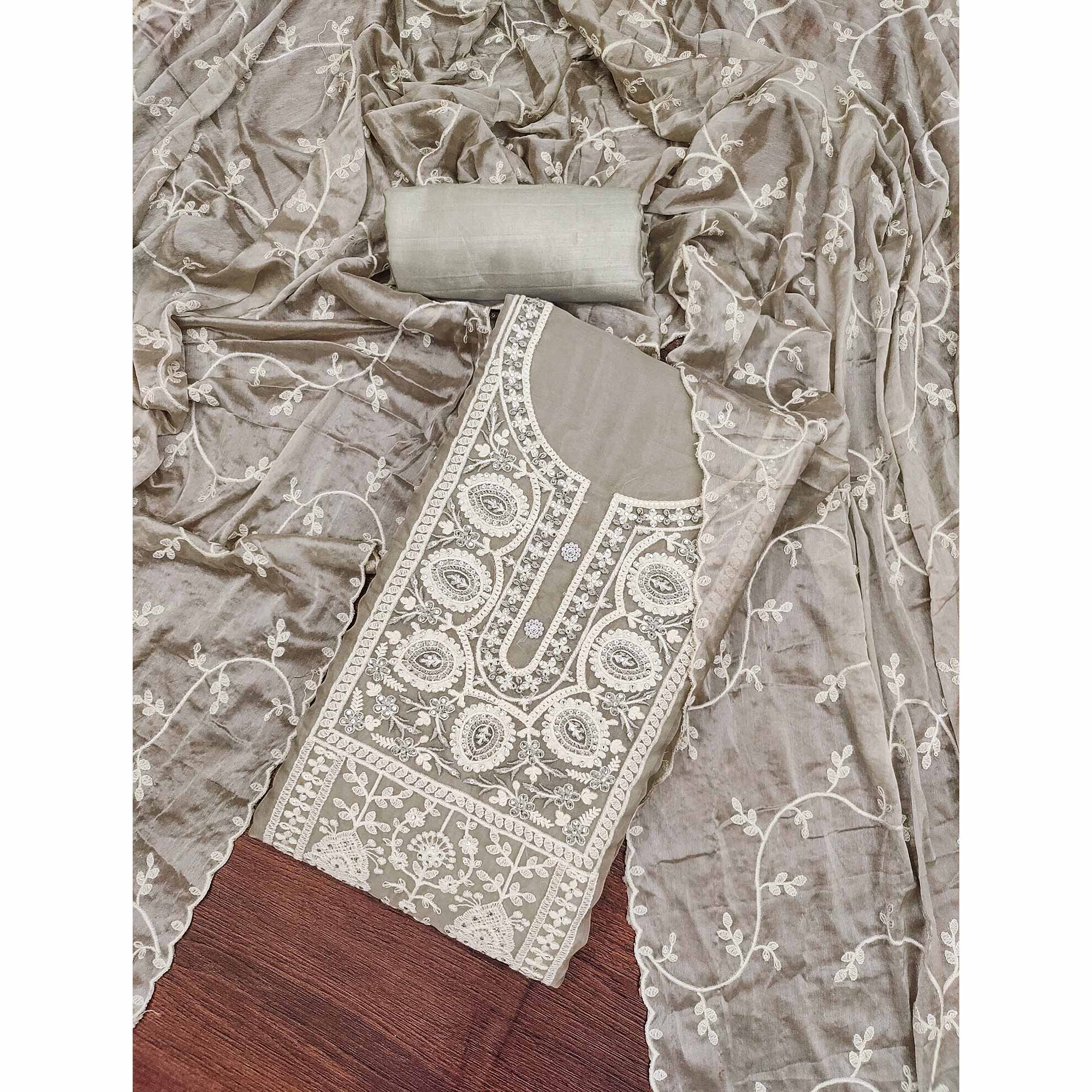 Light Grey Floral Sequins Embroidered Organza Dress Material