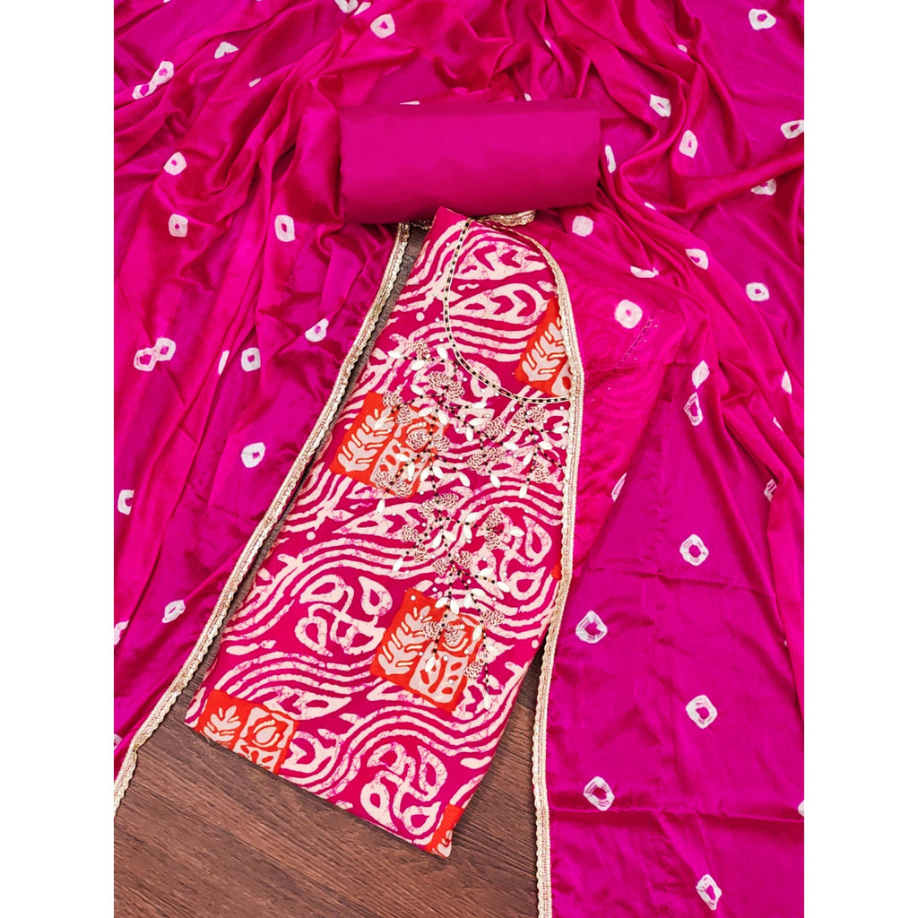 Pink Printed With Handwork Cotton Silk Dress Material