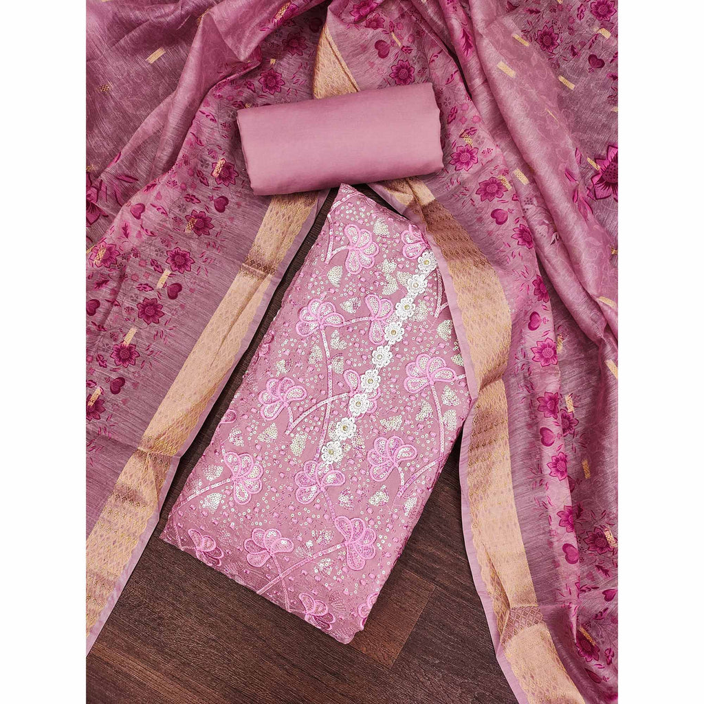 Onion Pink Floral Sequins Embroidery Cotton Roman Silk Dress Material