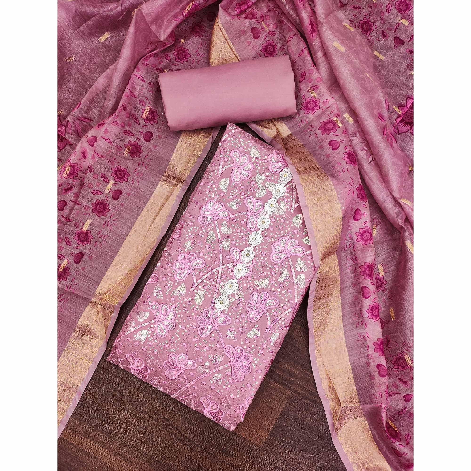 Onion Pink Floral Sequins Embroidery Cotton Roman Silk Dress Material