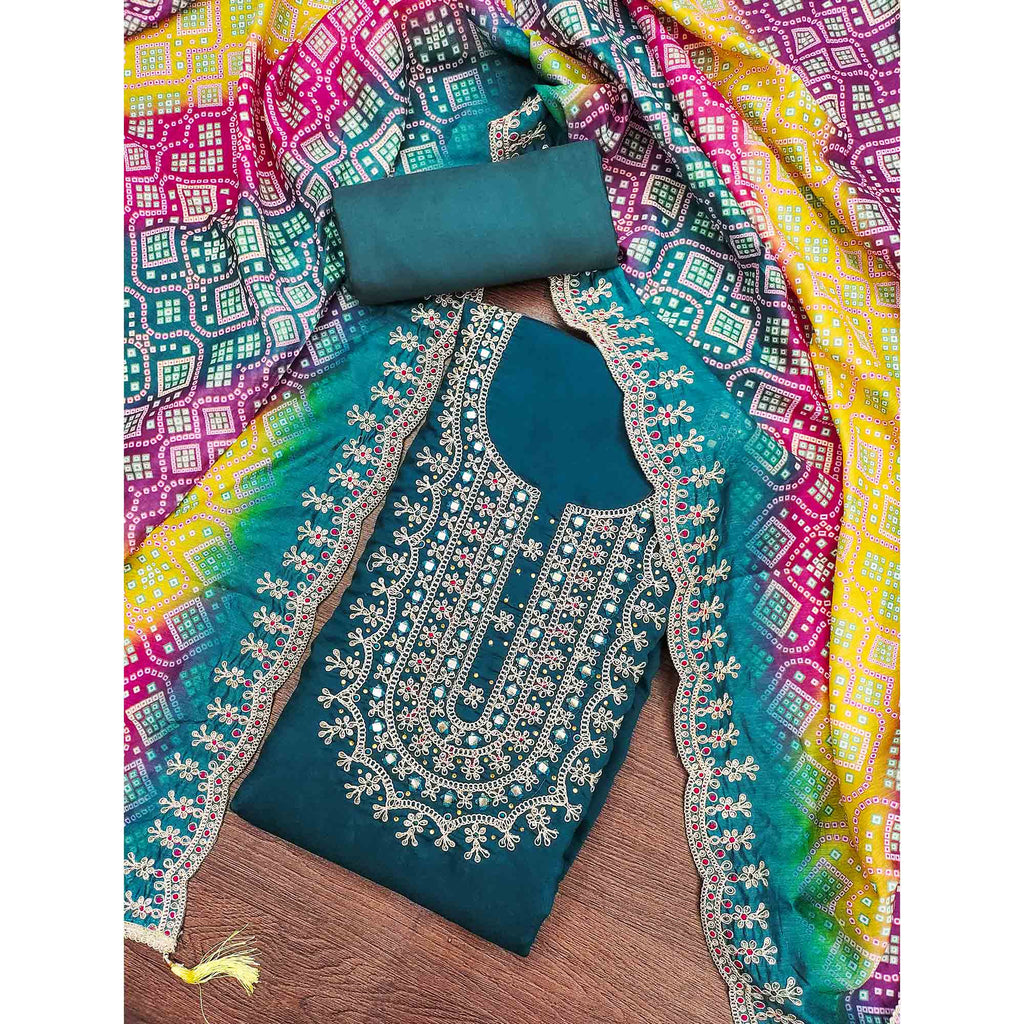 Morpich Floral Embroidery With Stonework Roman Cotton Silk Dress Material