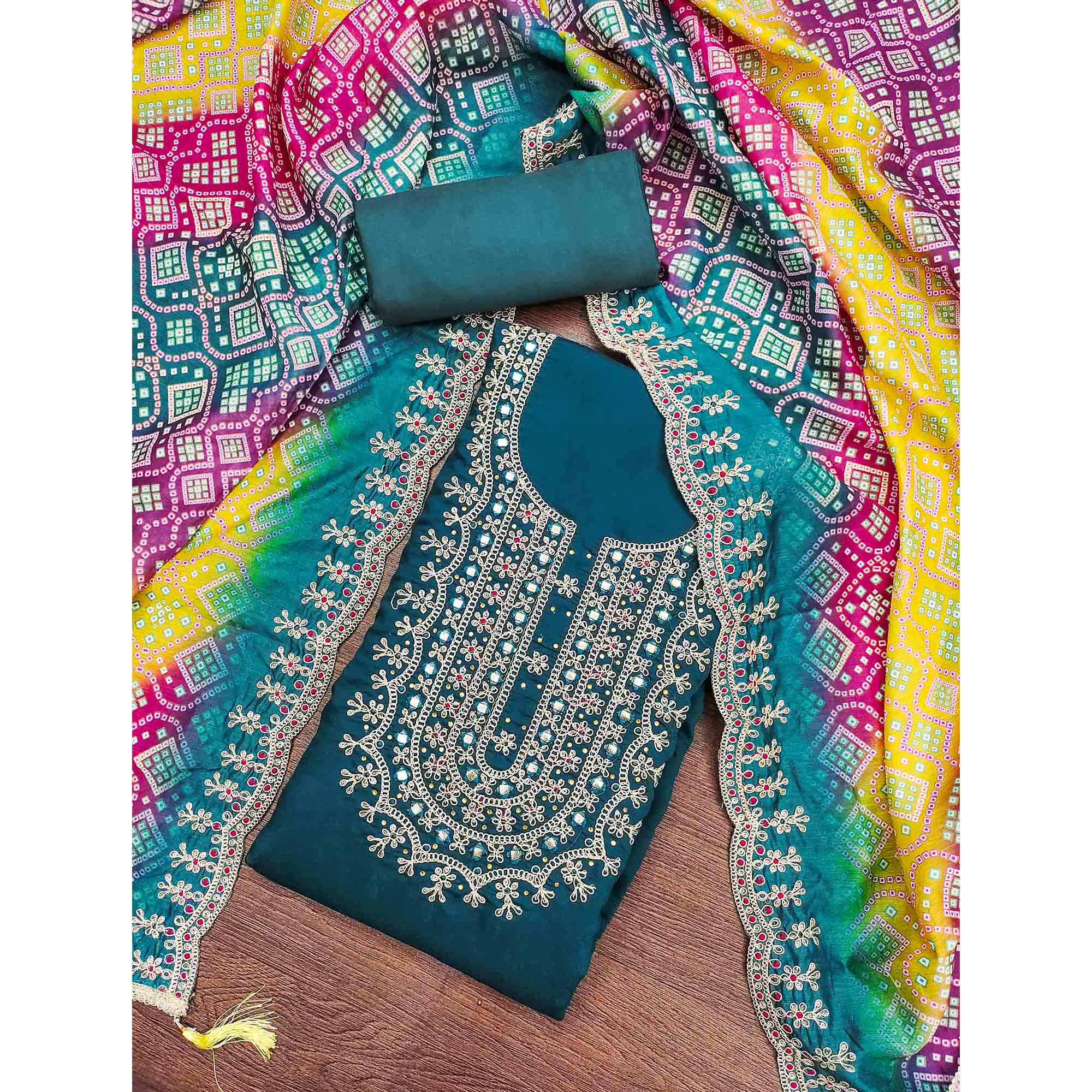 Morpich Floral Embroidery With Stonework Roman Cotton Silk Dress Material