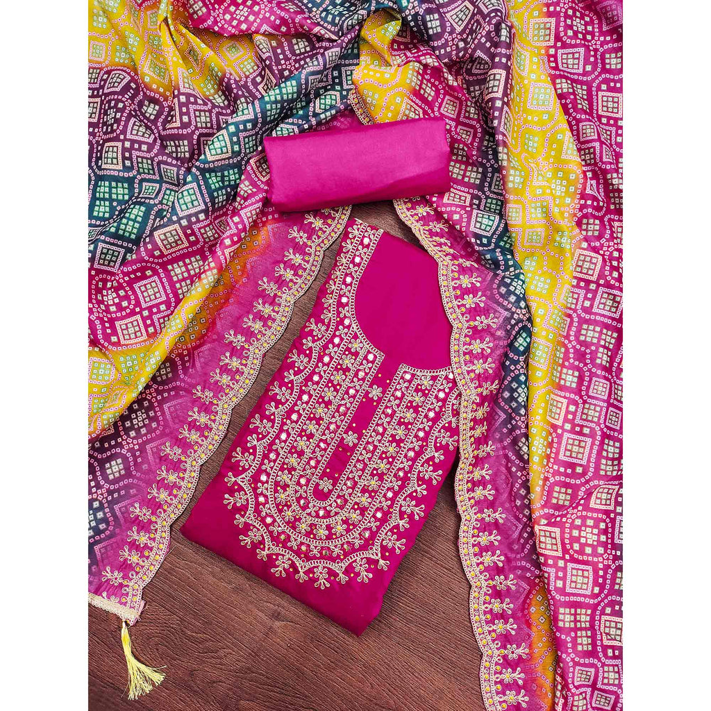 Pink Floral Embroidery With Stonework Roman Cotton Silk Dress Material