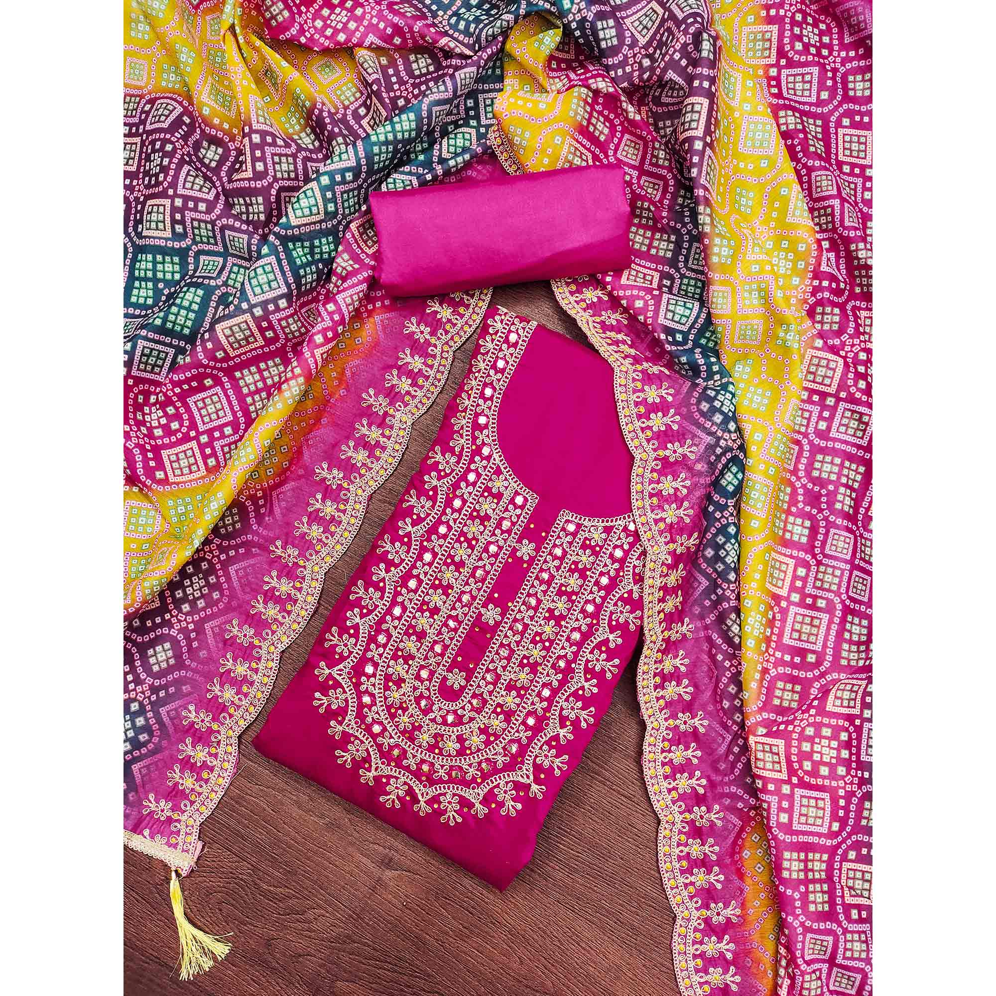 Pink Floral Embroidery With Stonework Roman Cotton Silk Dress Material