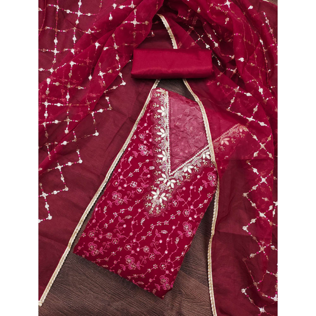 Pink Floral Sequins Embroidery With Handwork Organza Dress Material