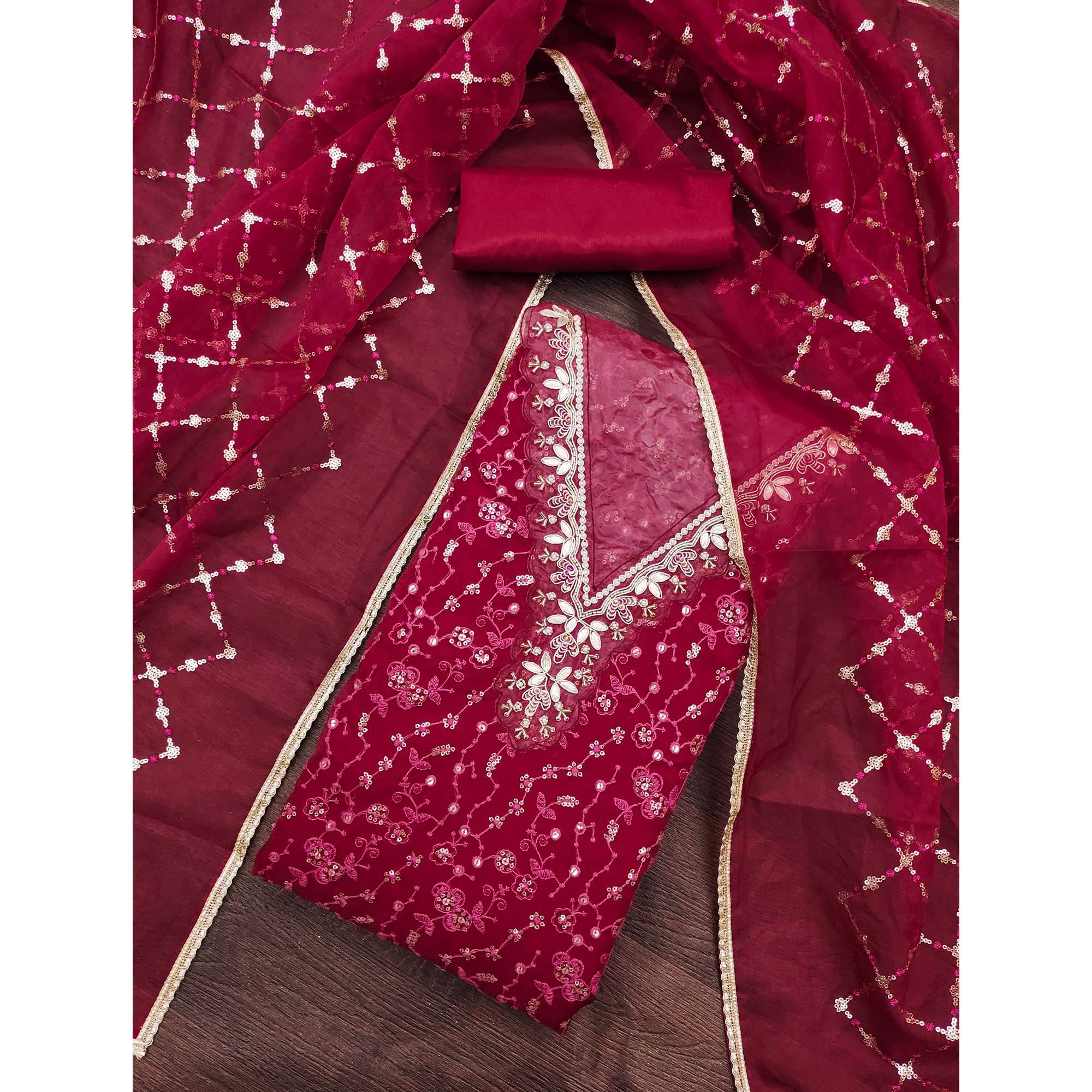 Pink Floral Sequins Embroidery With Handwork Organza Dress Material