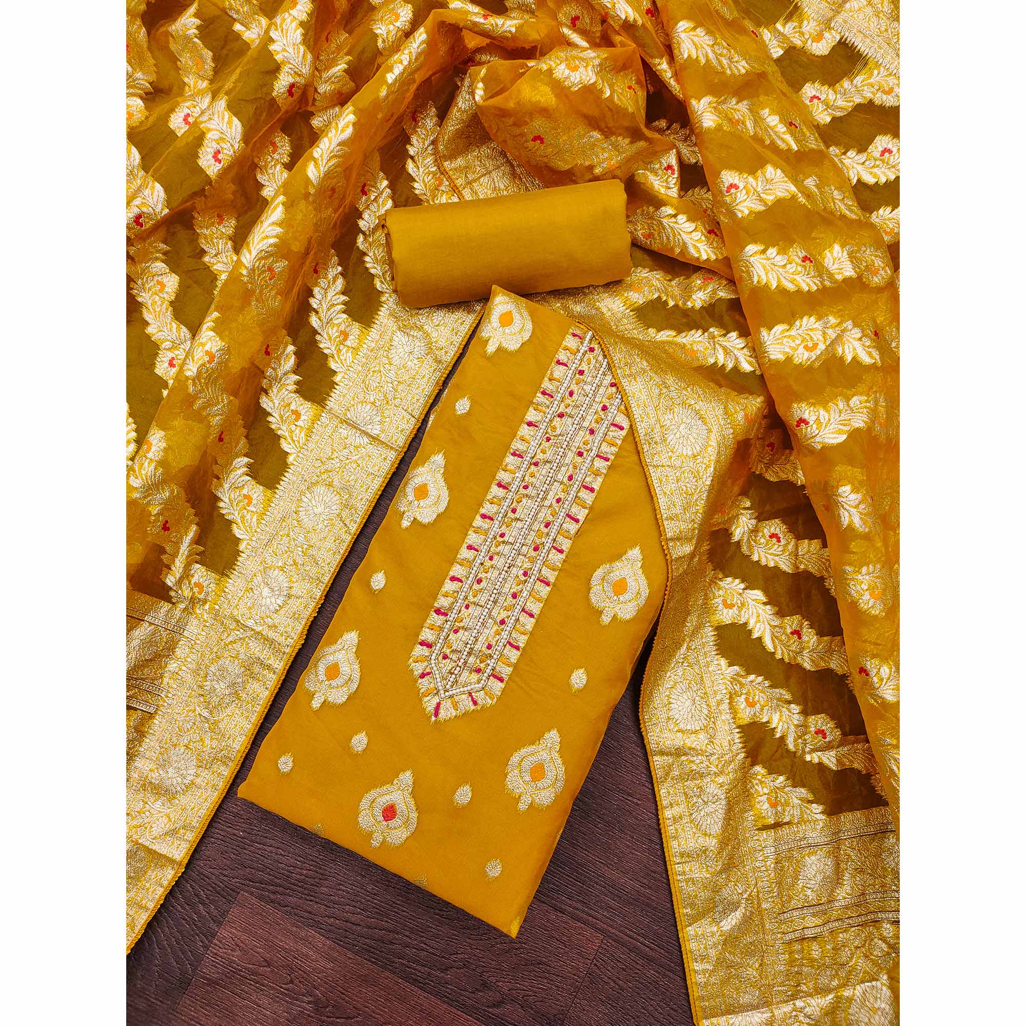 Mustard Woven With Handwork Organza Banarasi Dress Material