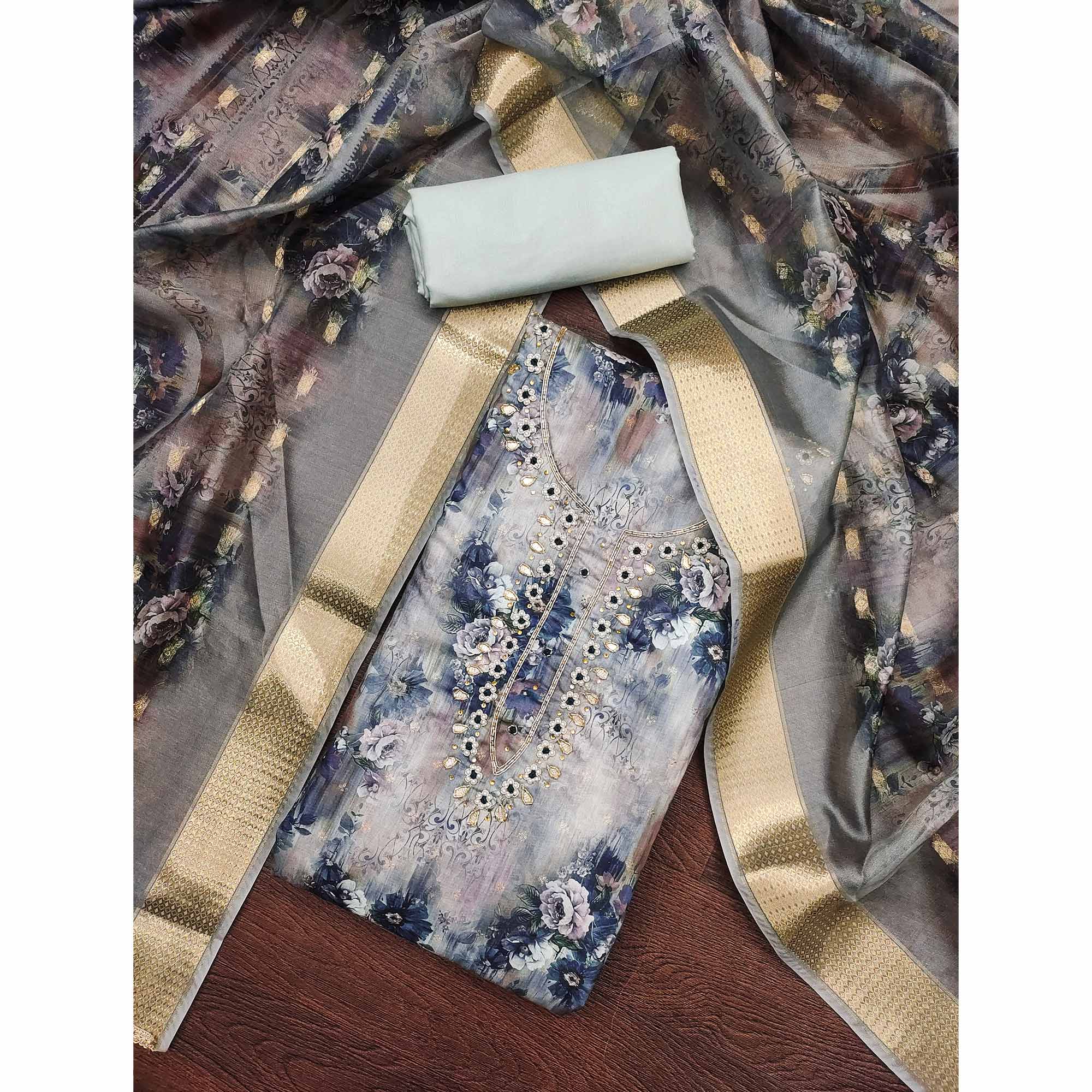 Blue Floral Printed With Handwork Muslin Dress Material