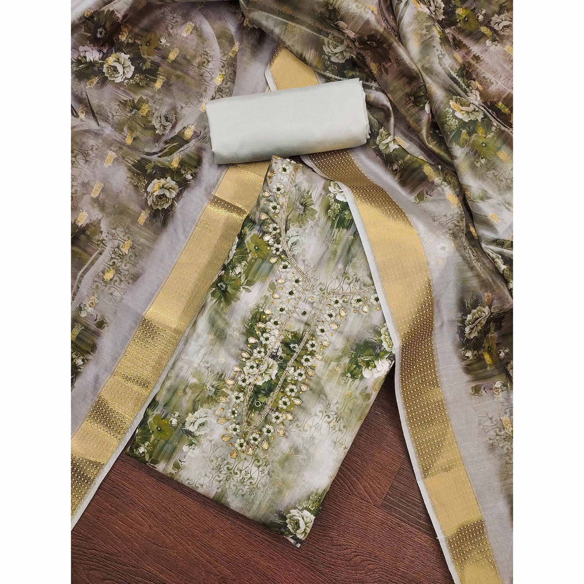 Green Floral Printed With Handwork Muslin Dress Material