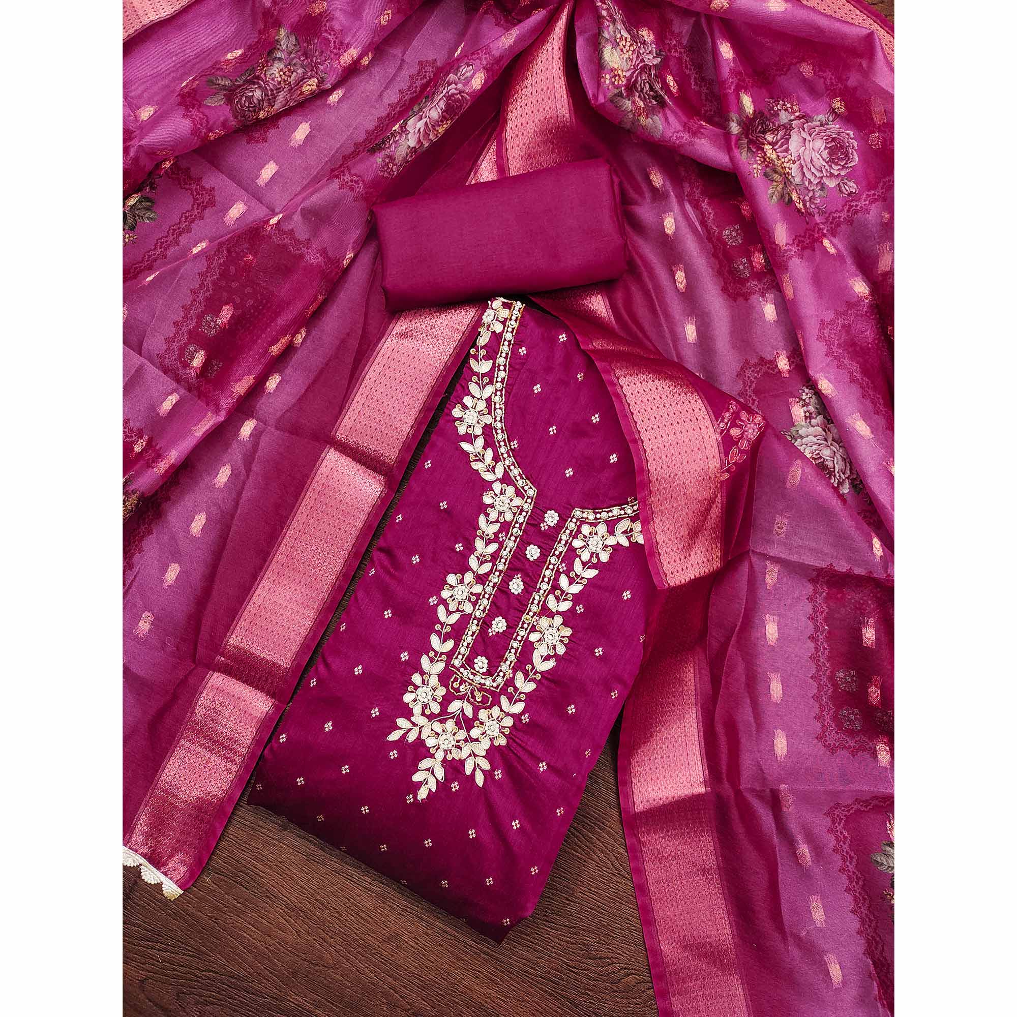 Magenta Floral Moti With Gota Patti Handwork Banaarasi Silk Dress Material