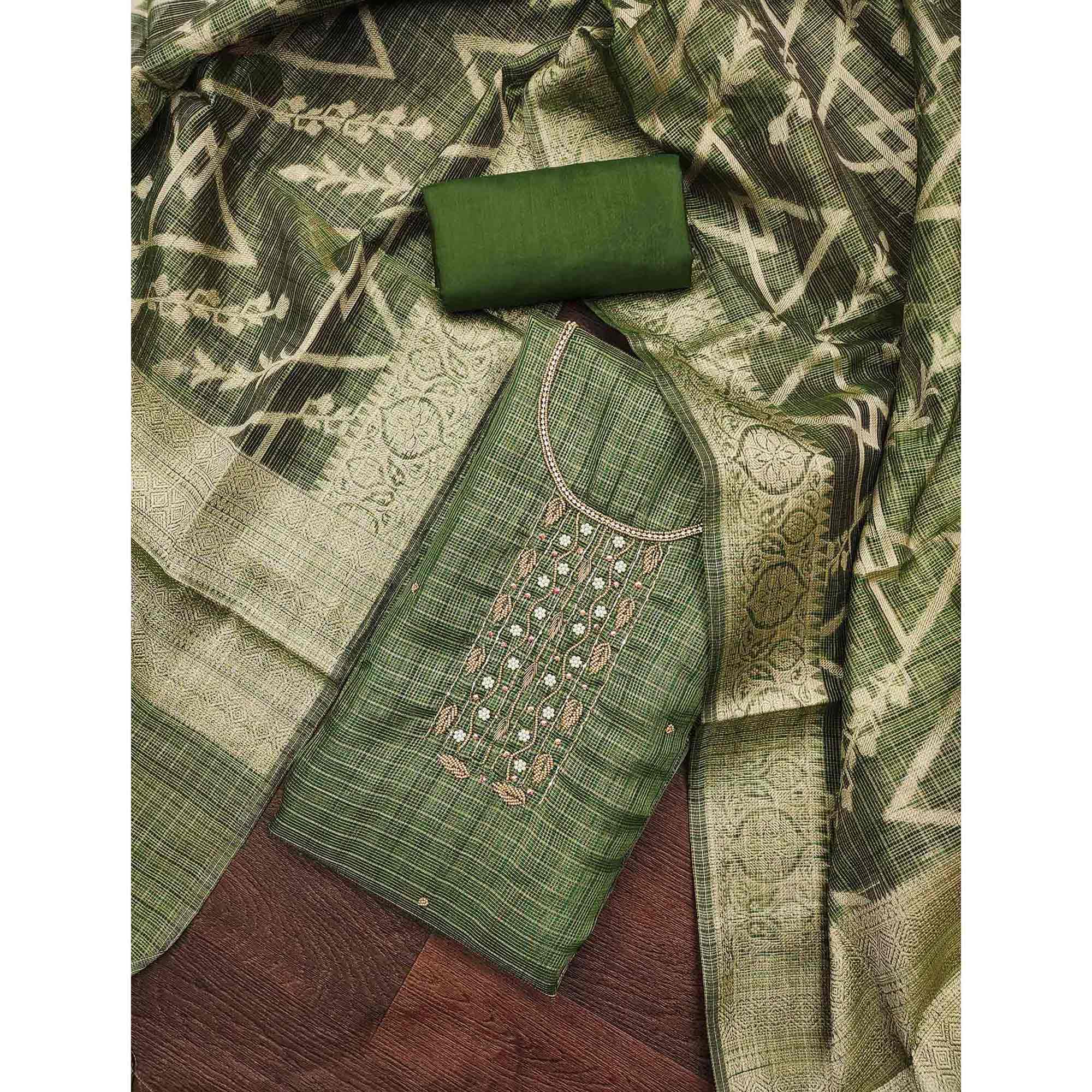 Green Floral Handwork With Woven Viscose Dress Material