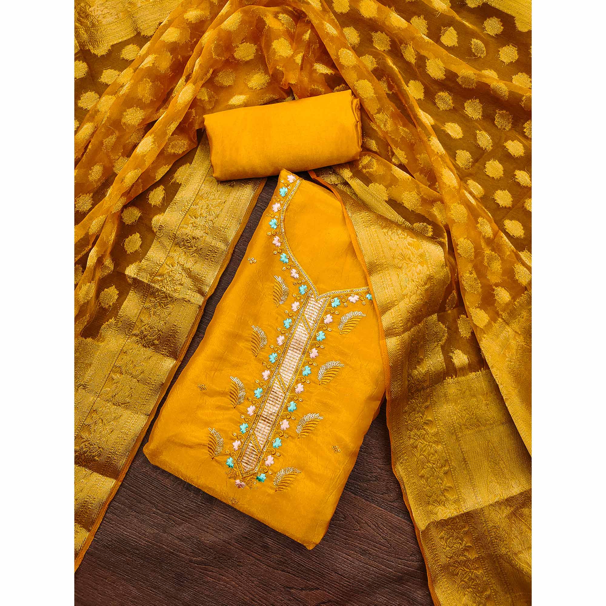 Mustard Floral Sequins Embroidered Viscose Dress Material
