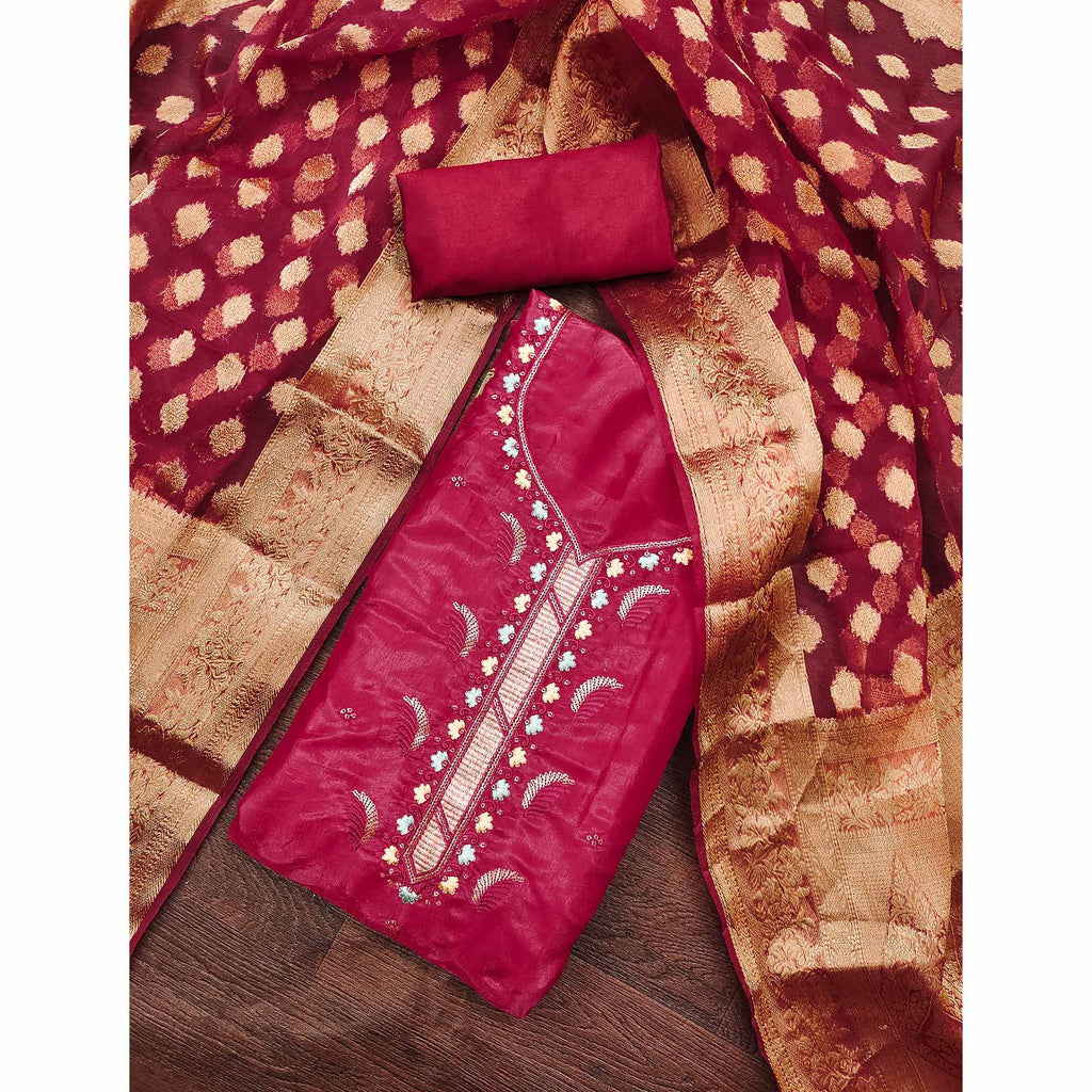 Pink Floral Sequins Embroidered Viscose Dress Material