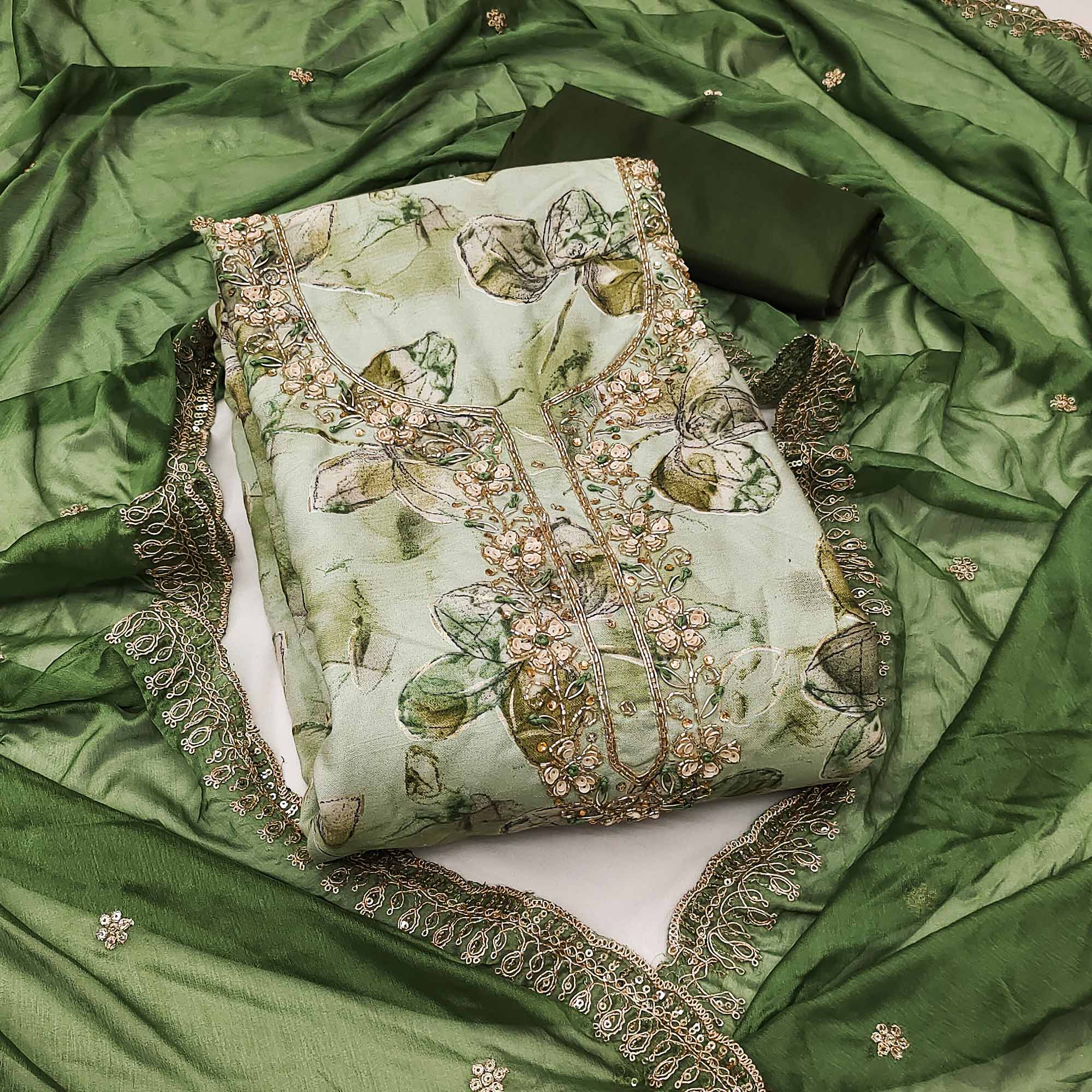 Green Floral Printed With Handwork Pure Cotton Dress Material