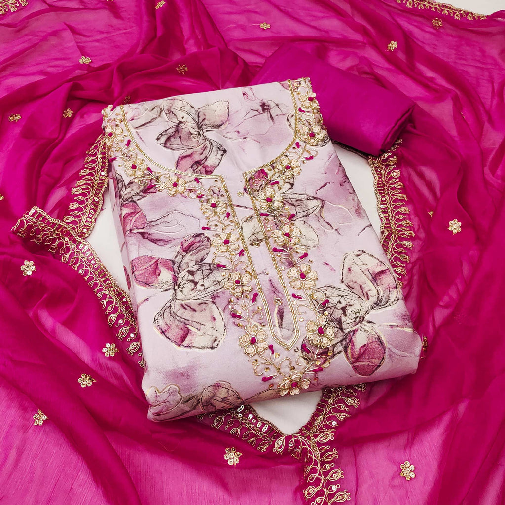 3Pink Floral Printed With Handwork Pure Cotton Dress Material