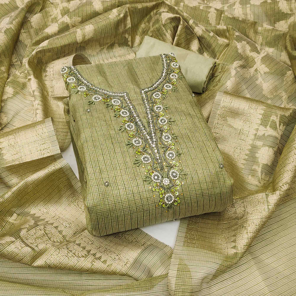 Green Woven With Moti Handwork Viscose Dress Material