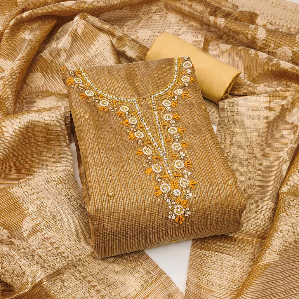 Mustard Woven With Moti Handwork Viscose Dress Material
