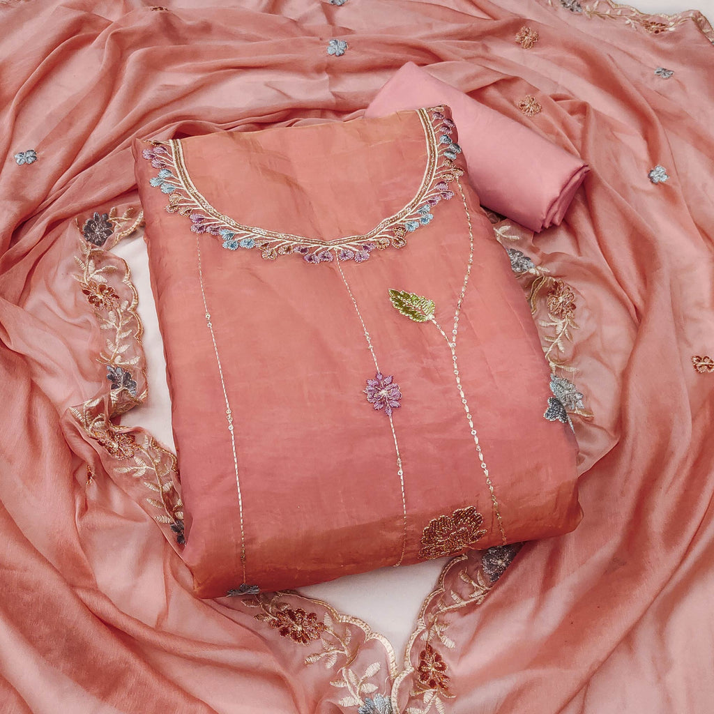 Peach Floral Sequins Embroidered Viscose Golden Crush Dress Material