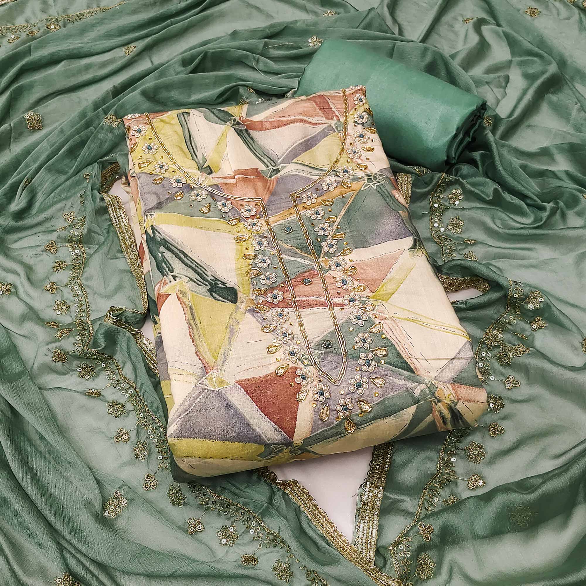 Green Geometric Digital Printed With Handwork Roman Cotton Silk Dress Material