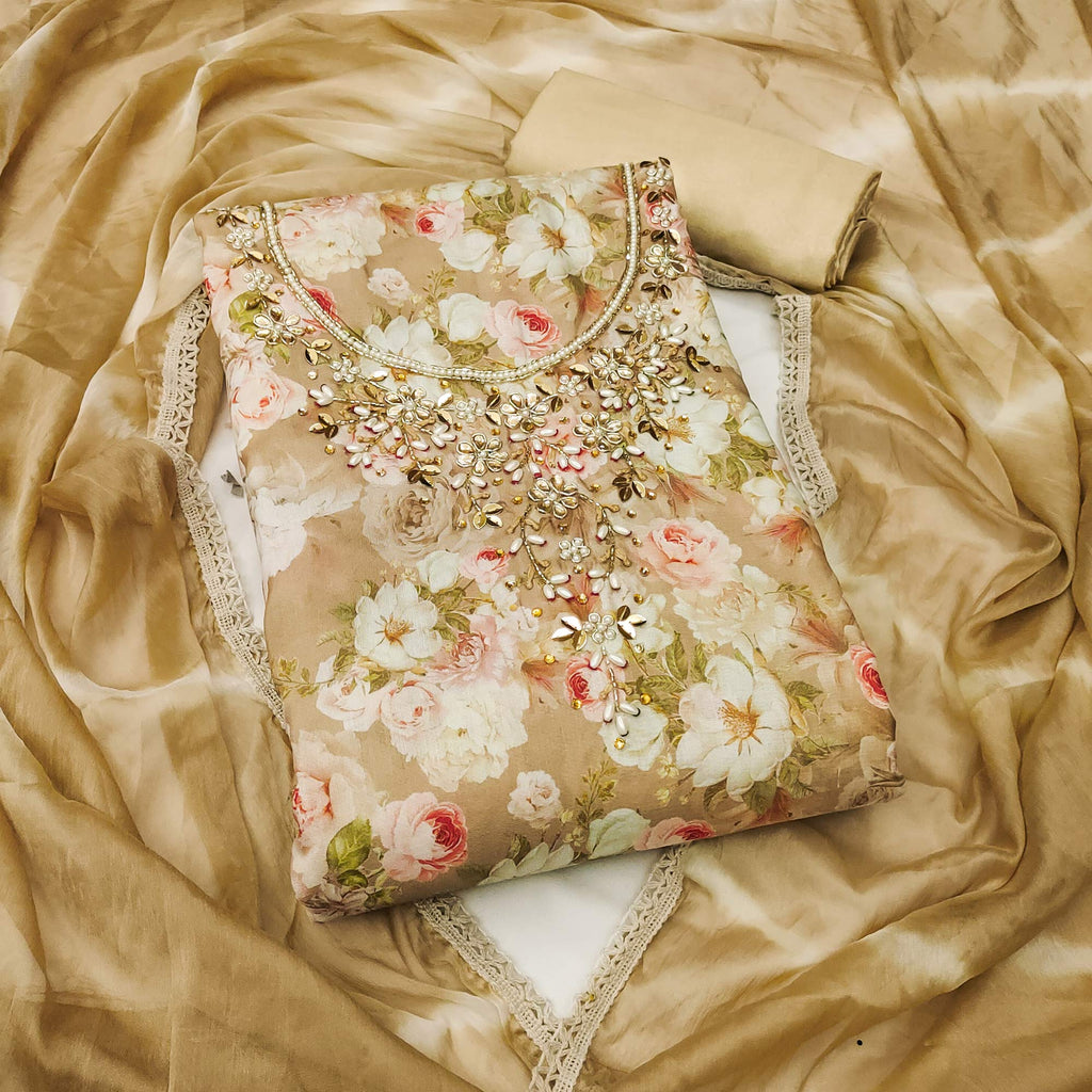 Chikoo Floral Digital Printed With Handwork Muslin Dress Material