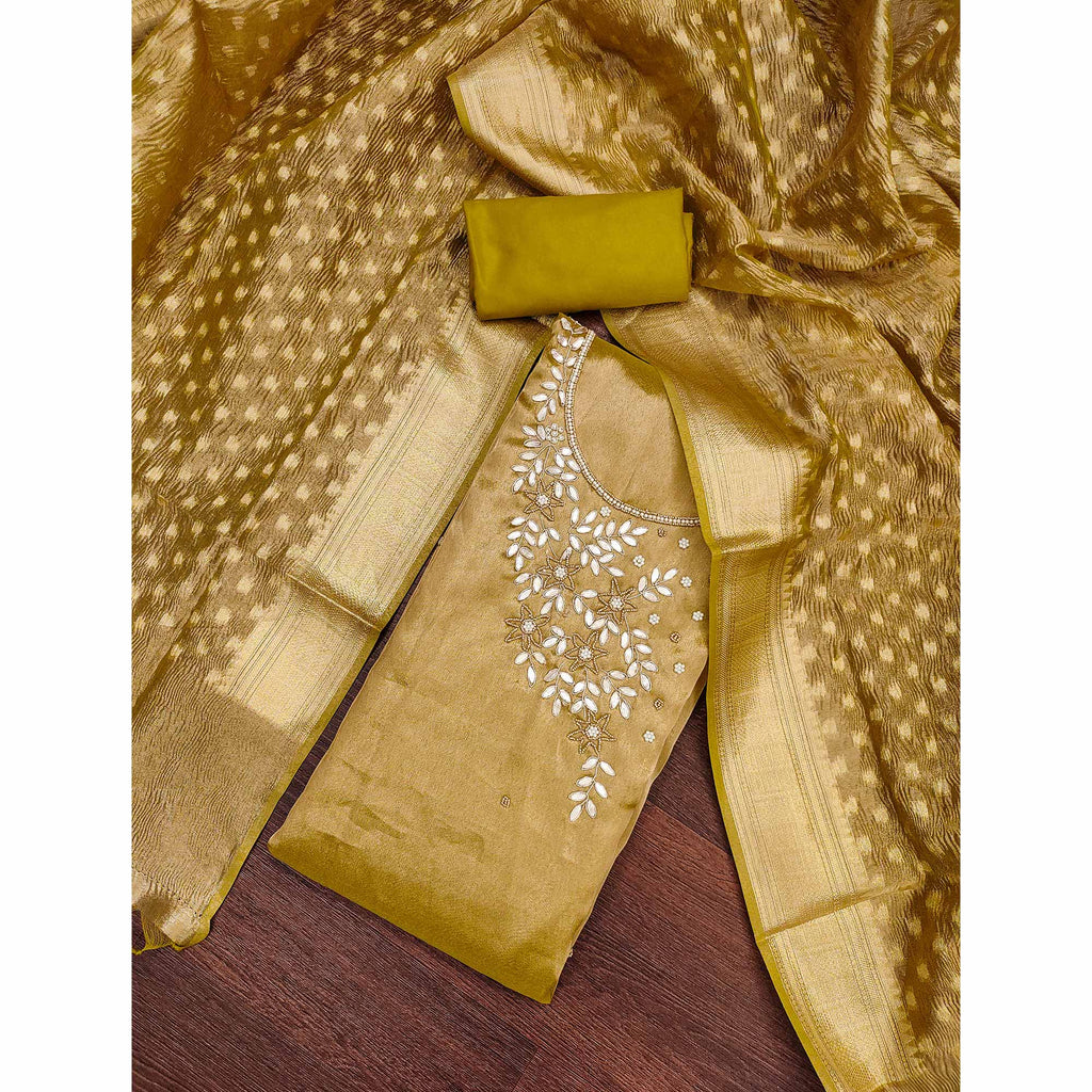 Dark Mustard Floral Moti & Gota Patti Handwork Viscose Dress Material