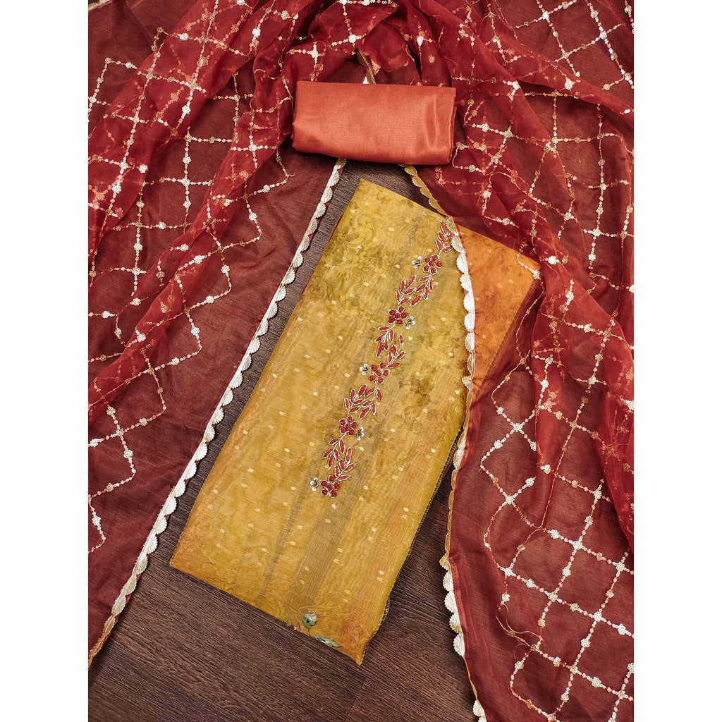 Green Floral Printed With Handwork Shimmer Viscose Dress Material