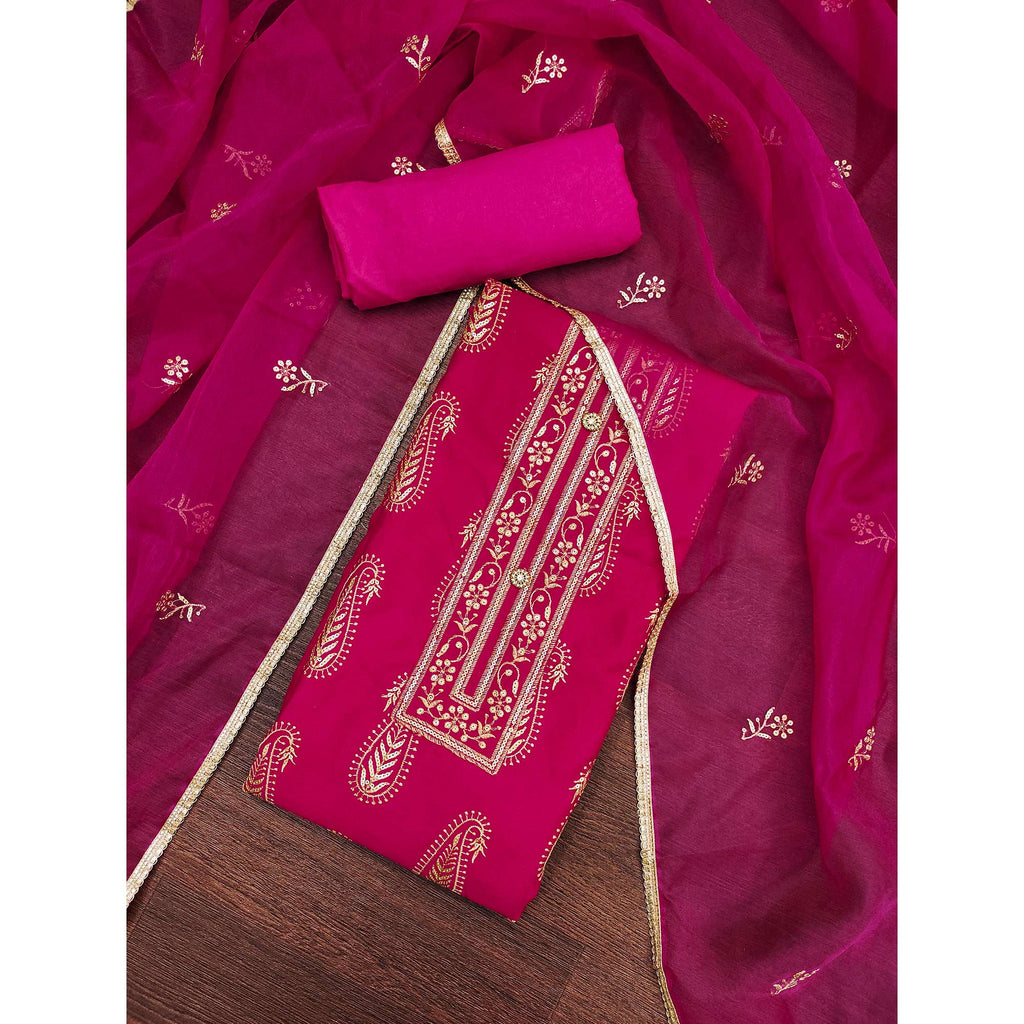 Pink Floral Sequins Embroidered Cotton Silk Dress Material