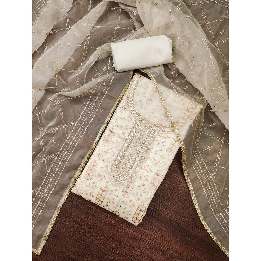 Offwhite Floral Sequins Embroidery With Handwork Viscose Dress Material