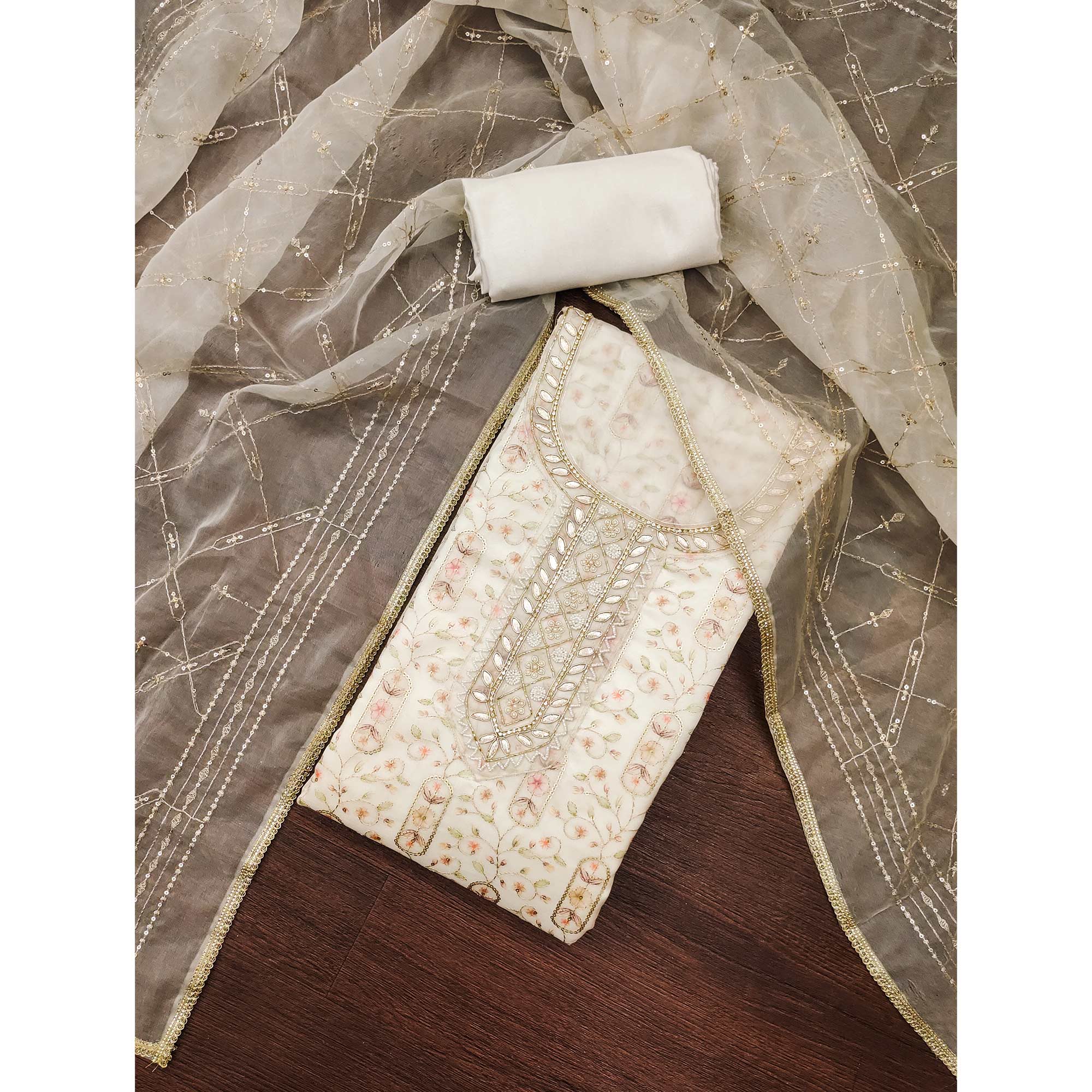 Offwhite Floral Sequins Embroidery With Handwork Viscose Dress Material