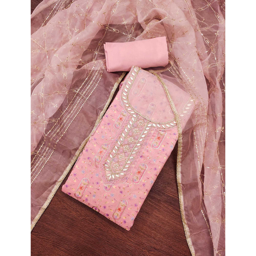 Pink Floral Sequins Embroidery With Handwork Viscose Dress Material