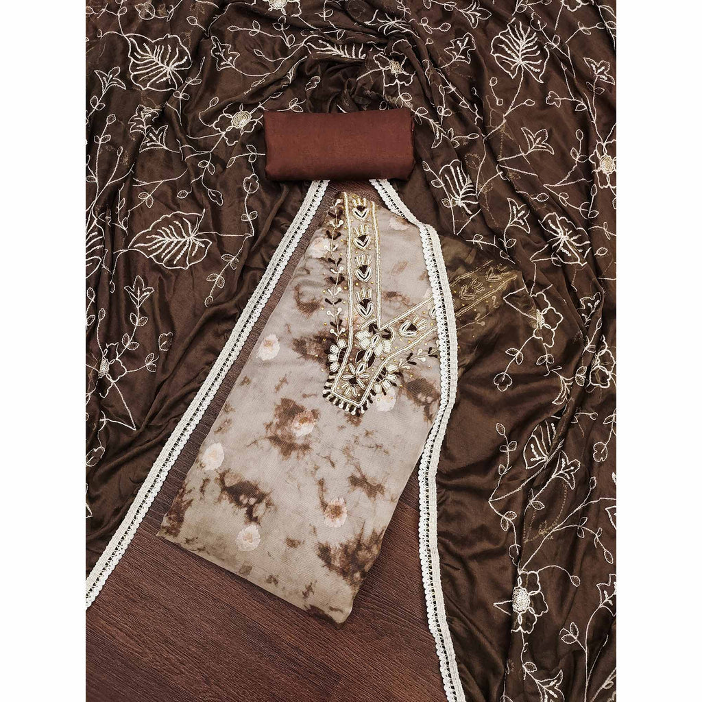 Brown Digital Printed With Handwork Organza Dress Material