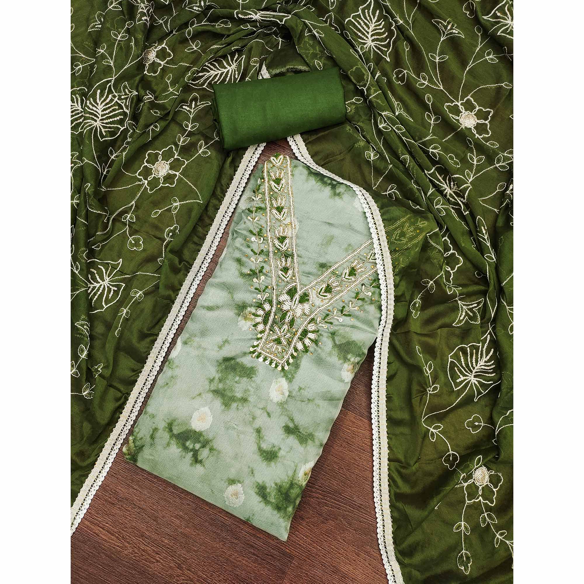 Green Digital Printed With Handwork Organza Dress Material