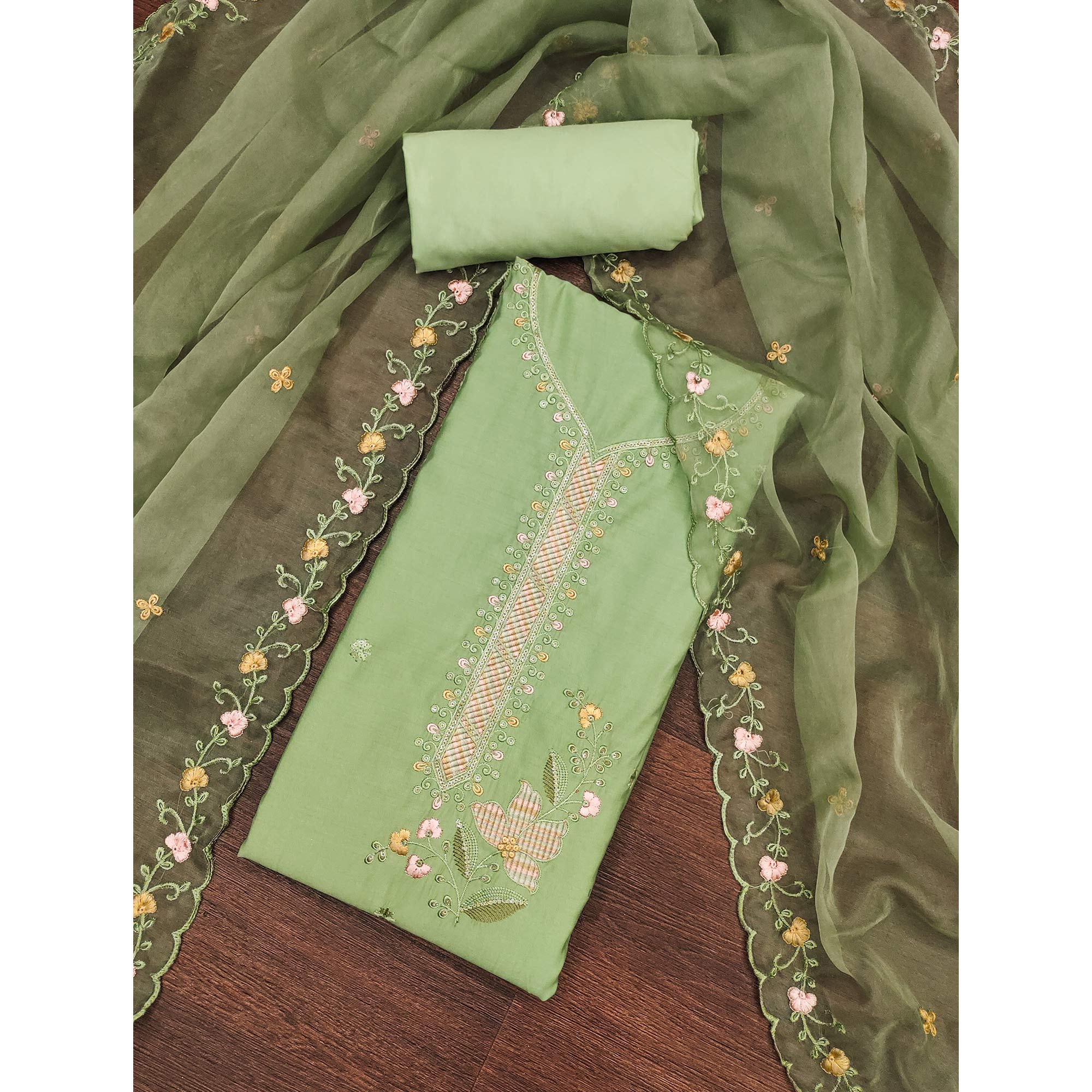 Green Floral Sequins Embroidered Cotton Silk Dress Material