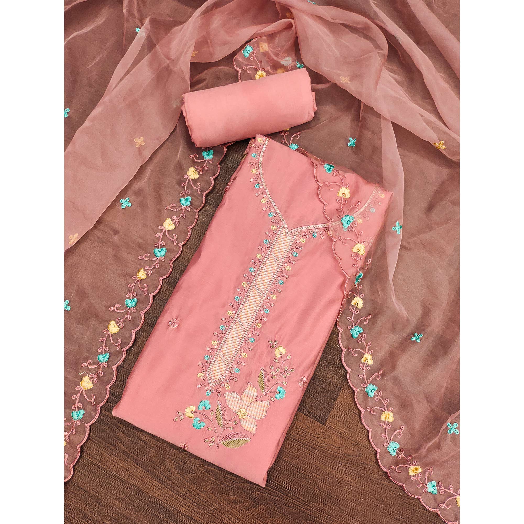 Peach Floral Sequins Embroidered Cotton Silk Dress Material